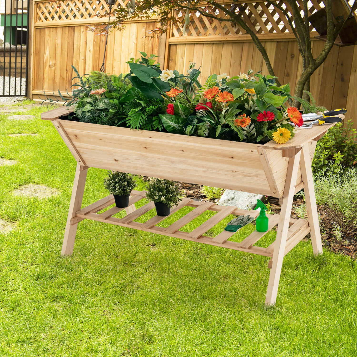 Gymax 59'' x 31'' x 32.5'' Raised Garden Bed w/ Shelf Wood Elevated Planter Box w/ Liner