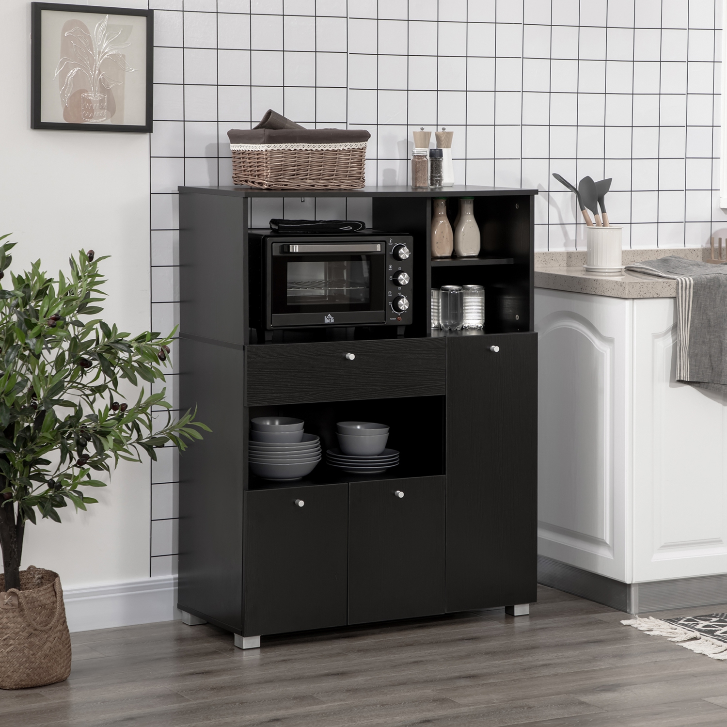 HOMCOM – Armoire de rangement pour buffet compact garde-manger avec tiroir et tablettes pour four à micro-ondes, noir
