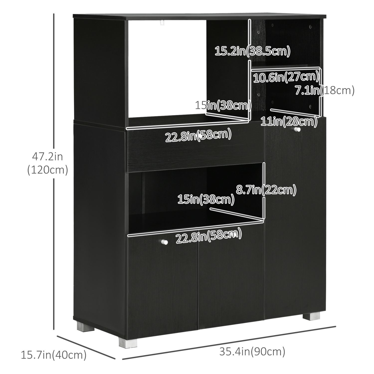 HOMCOM – Armoire de rangement pour buffet compact garde-manger avec tiroir et tablettes pour four à micro-ondes, noir