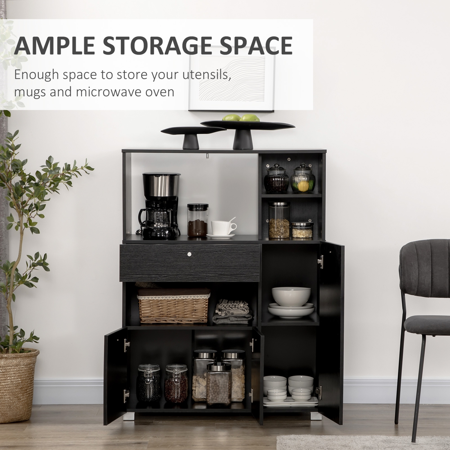 HOMCOM – Armoire de rangement pour buffet compact garde-manger avec tiroir et tablettes pour four à micro-ondes, noir