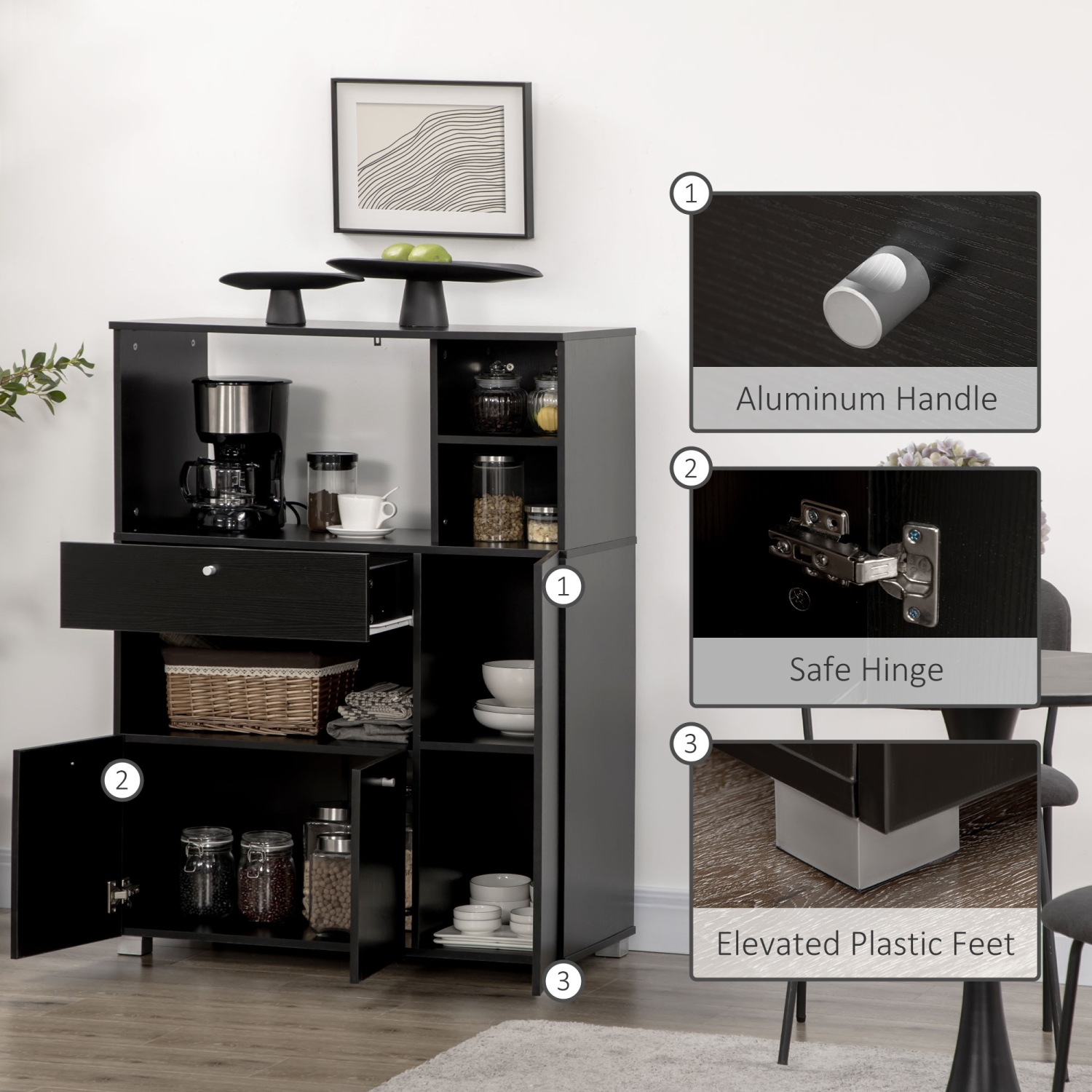 HOMCOM – Armoire de rangement pour buffet compact garde-manger avec tiroir et tablettes pour four à micro-ondes, noir