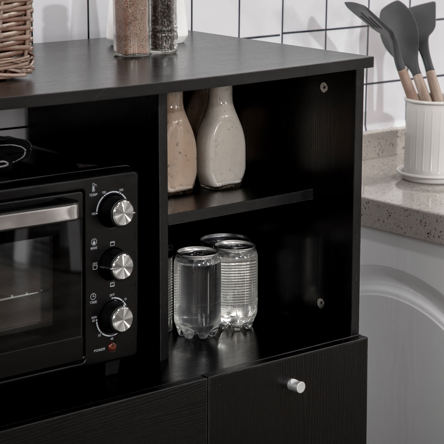 HOMCOM – Armoire de rangement pour buffet compact garde-manger avec tiroir et tablettes pour four à micro-ondes, noir