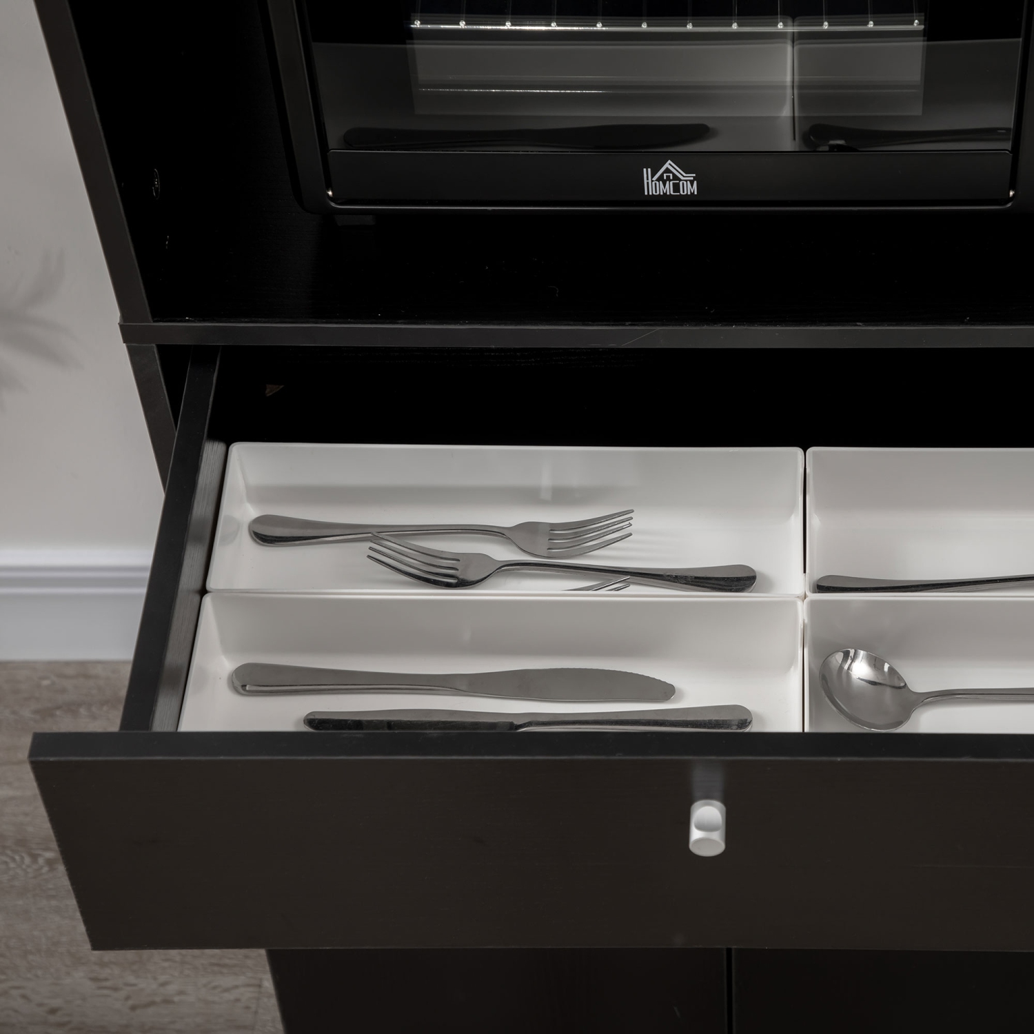 HOMCOM – Armoire de rangement pour buffet compact garde-manger avec tiroir et tablettes pour four à micro-ondes, noir