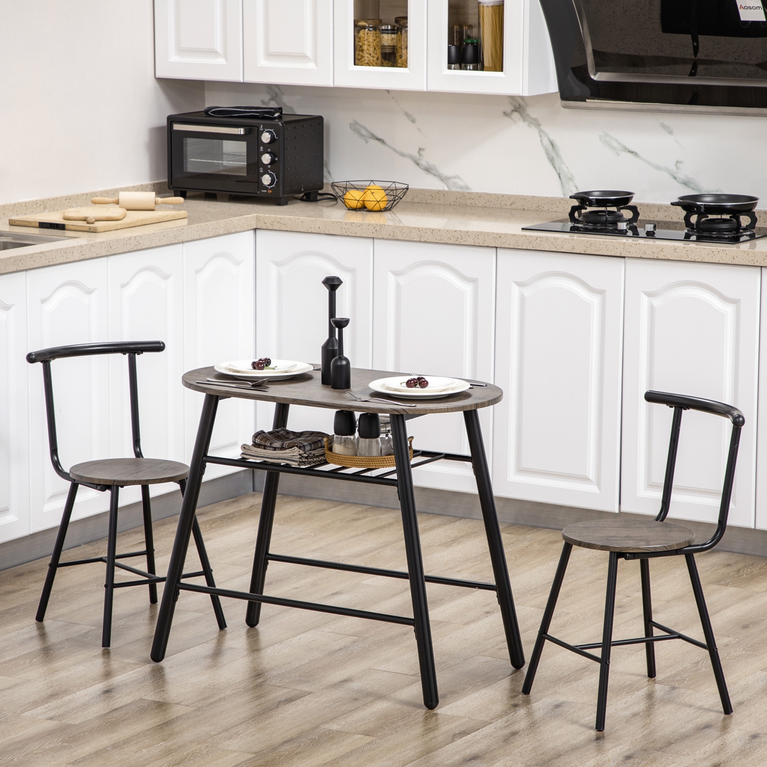 HOMCOM 3-Piece Dining Table Set, Oval Kitchen Table and 2 Chairs, Small Breakfast Table Set with Metal Frame for Small Space, Dining Room, Living