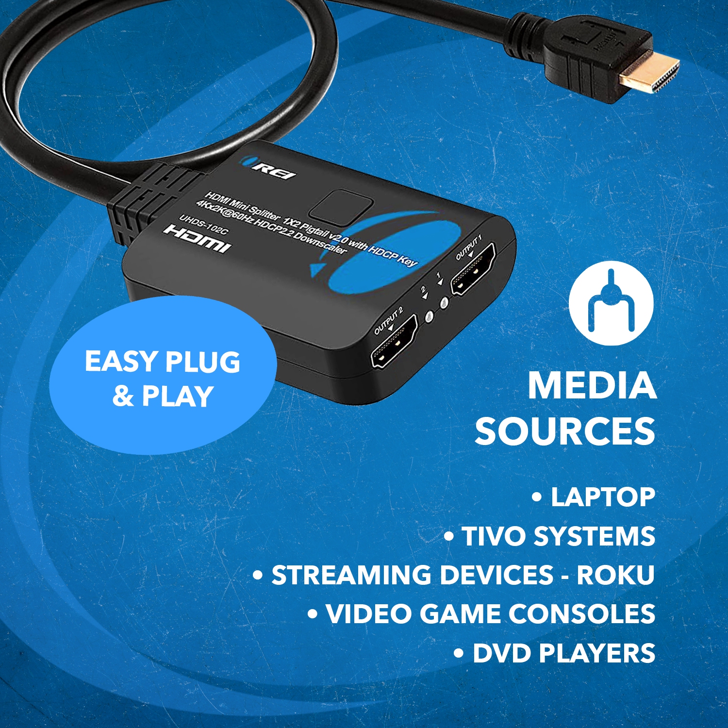 1x2 HDMI Splitter 1 in 2 out with Downscaler, 3D, upto 4k@60Hz