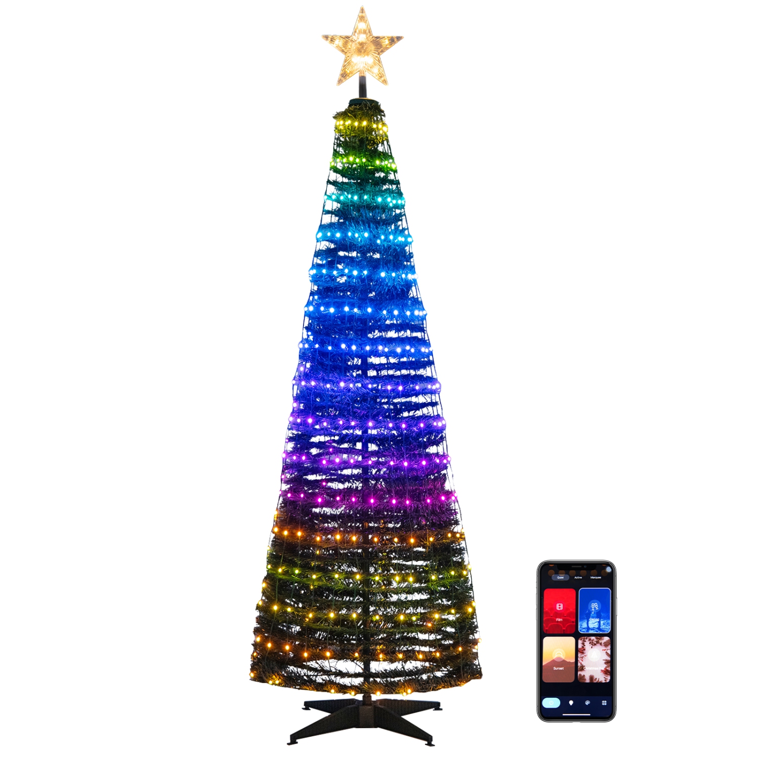 Topbuy – sapin de Noël escamotable illuminé 6FT pi avec 282 lumières multicolores RVB sur le dessus de l’étoile, base en métal, décoration de Noël