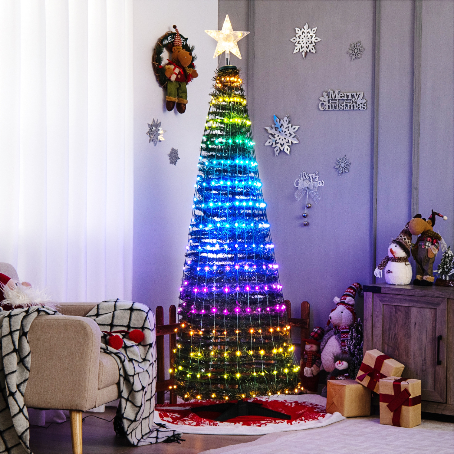 Topbuy – sapin de Noël escamotable illuminé 6FT pi avec 282 lumières multicolores RVB sur le dessus de l’étoile, base en métal, décoration de Noël