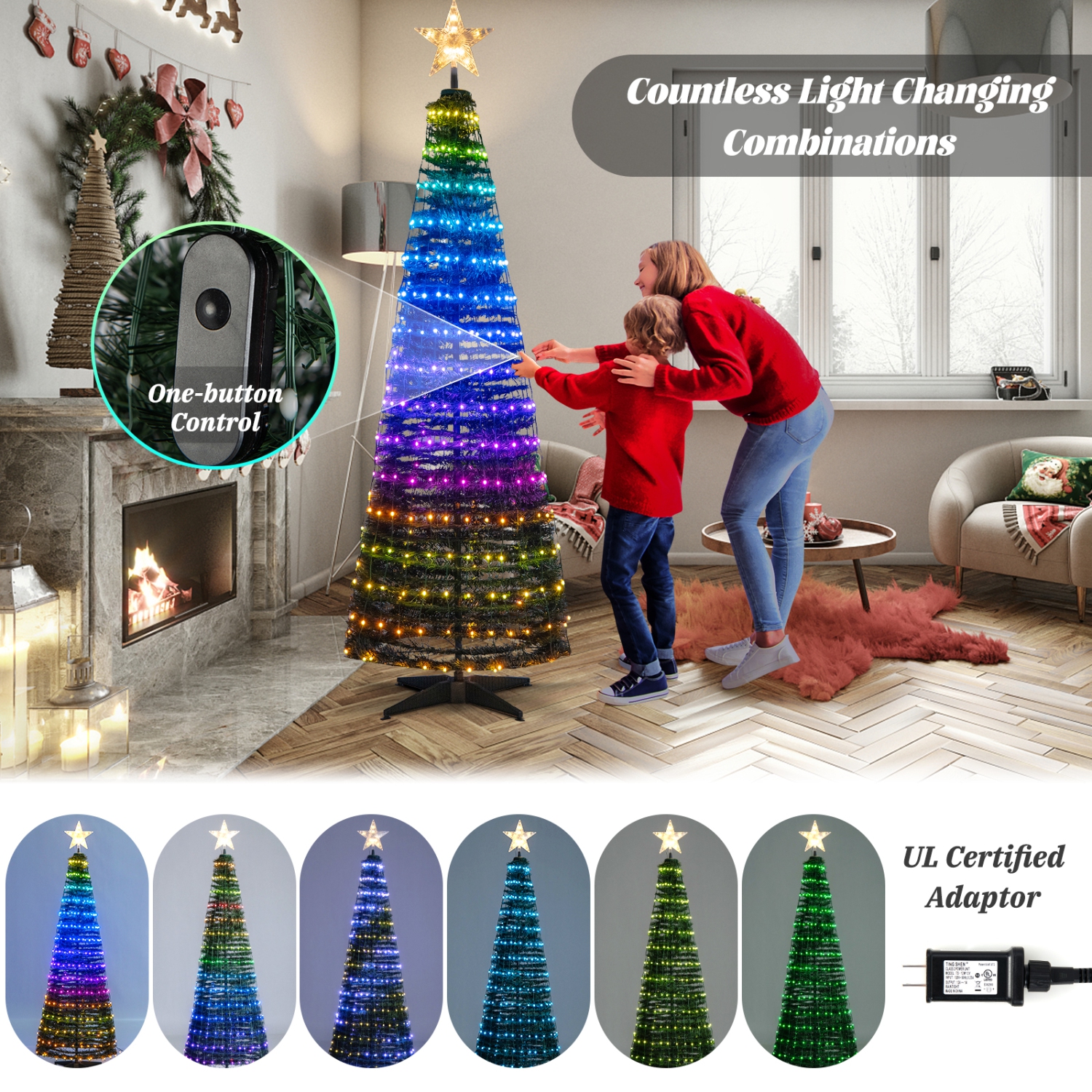 Topbuy – sapin de Noël escamotable illuminé 6FT pi avec 282 lumières multicolores RVB sur le dessus de l’étoile, base en métal, décoration de Noël