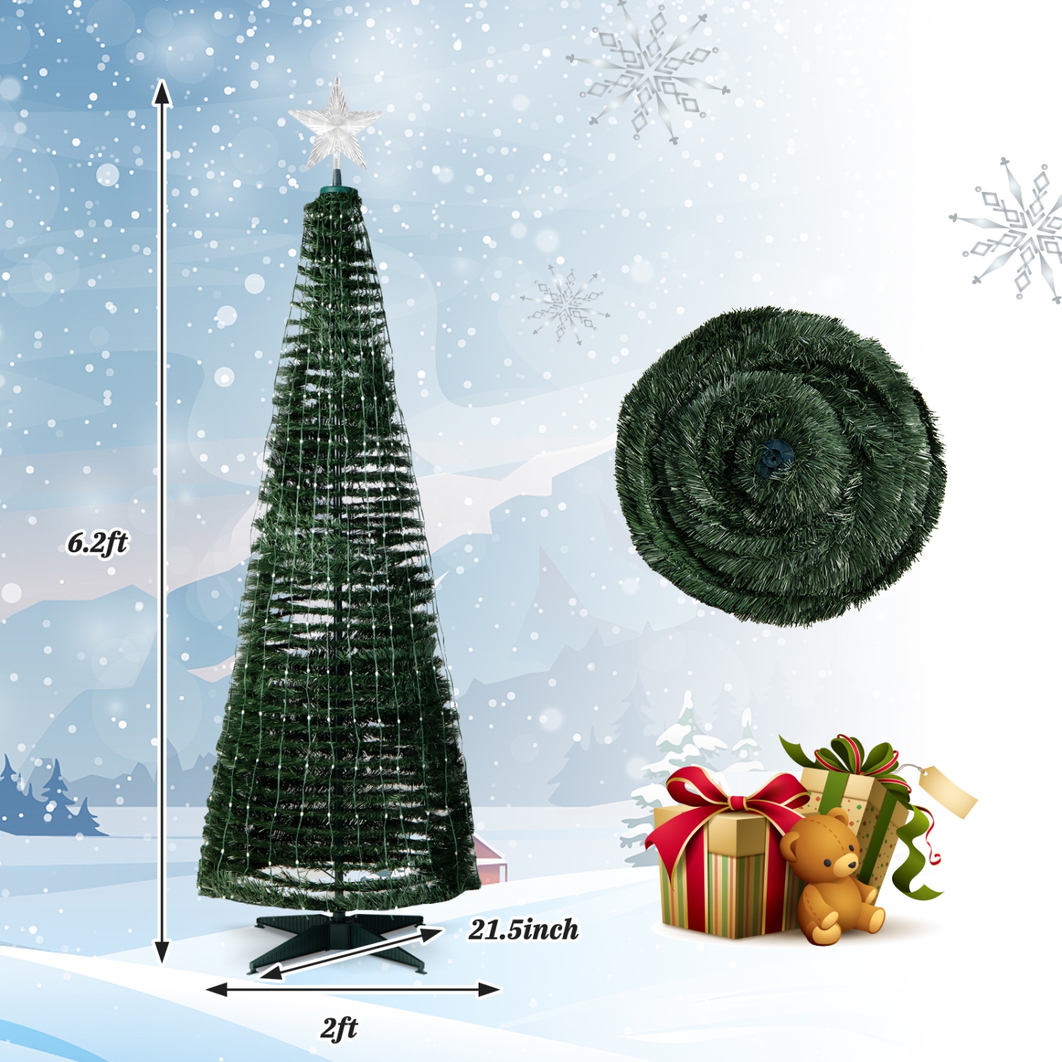 Topbuy – sapin de Noël escamotable illuminé 6FT pi avec 282 lumières multicolores RVB sur le dessus de l’étoile, base en métal, décoration de Noël