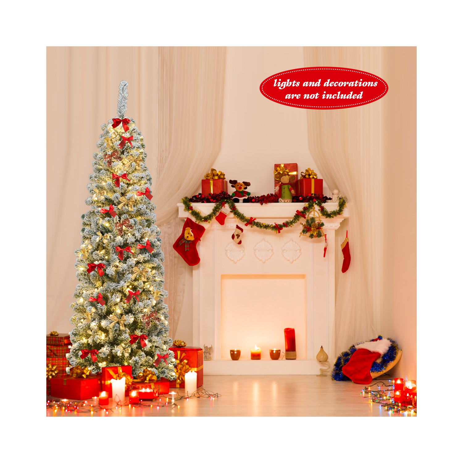 TopBuy – crayon floqué à neige 4,5 pi/6 pi/7,5 pi, arbre de Noël illuminé, avec support flexible, lumières à DEL en feuilles épaisses