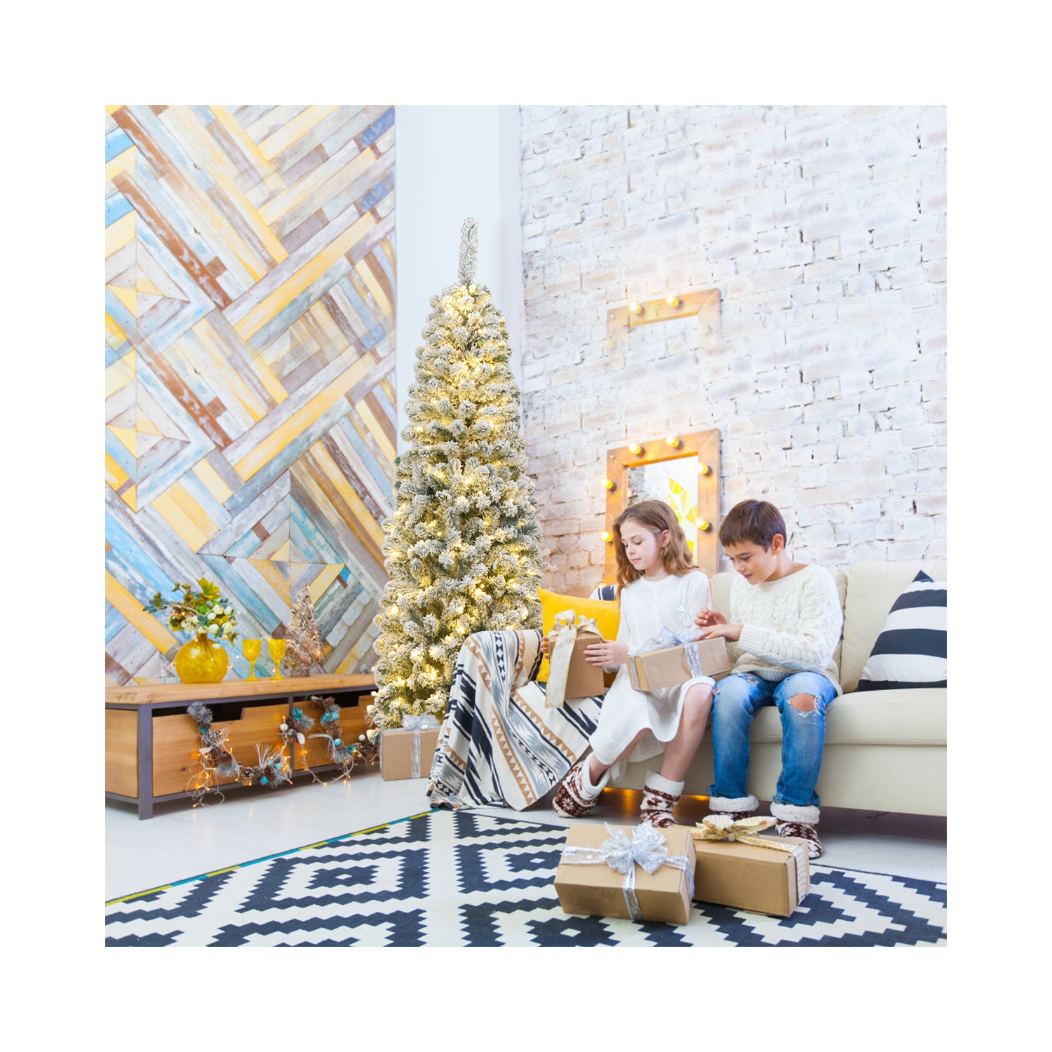 TopBuy – crayon floqué à neige 4,5 pi/6 pi/7,5 pi, arbre de Noël illuminé, avec support flexible, lumières à DEL en feuilles épaisses