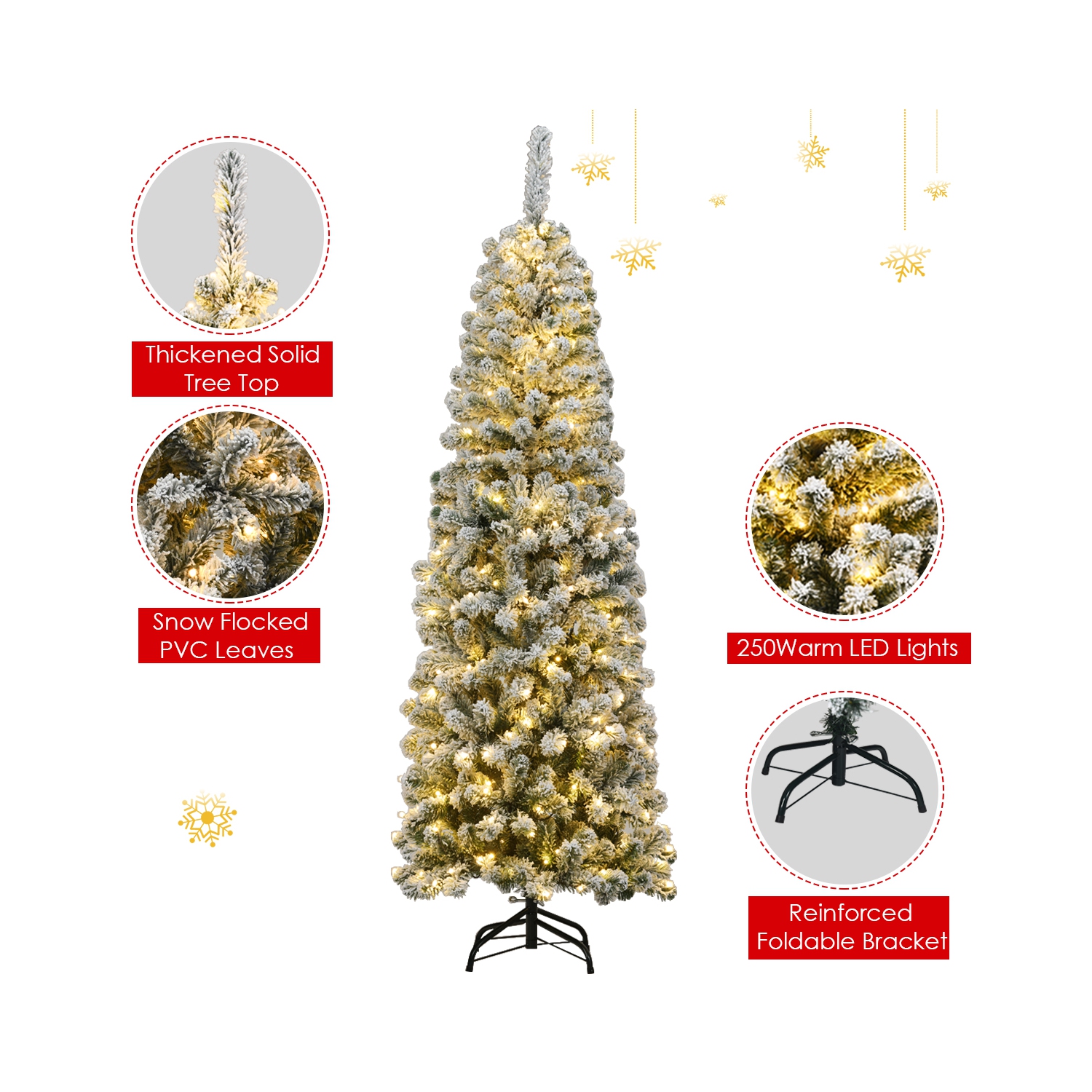 TopBuy – crayon floqué à neige 4,5 pi/6 pi/7,5 pi, arbre de Noël illuminé, avec support flexible, lumières à DEL en feuilles épaisses