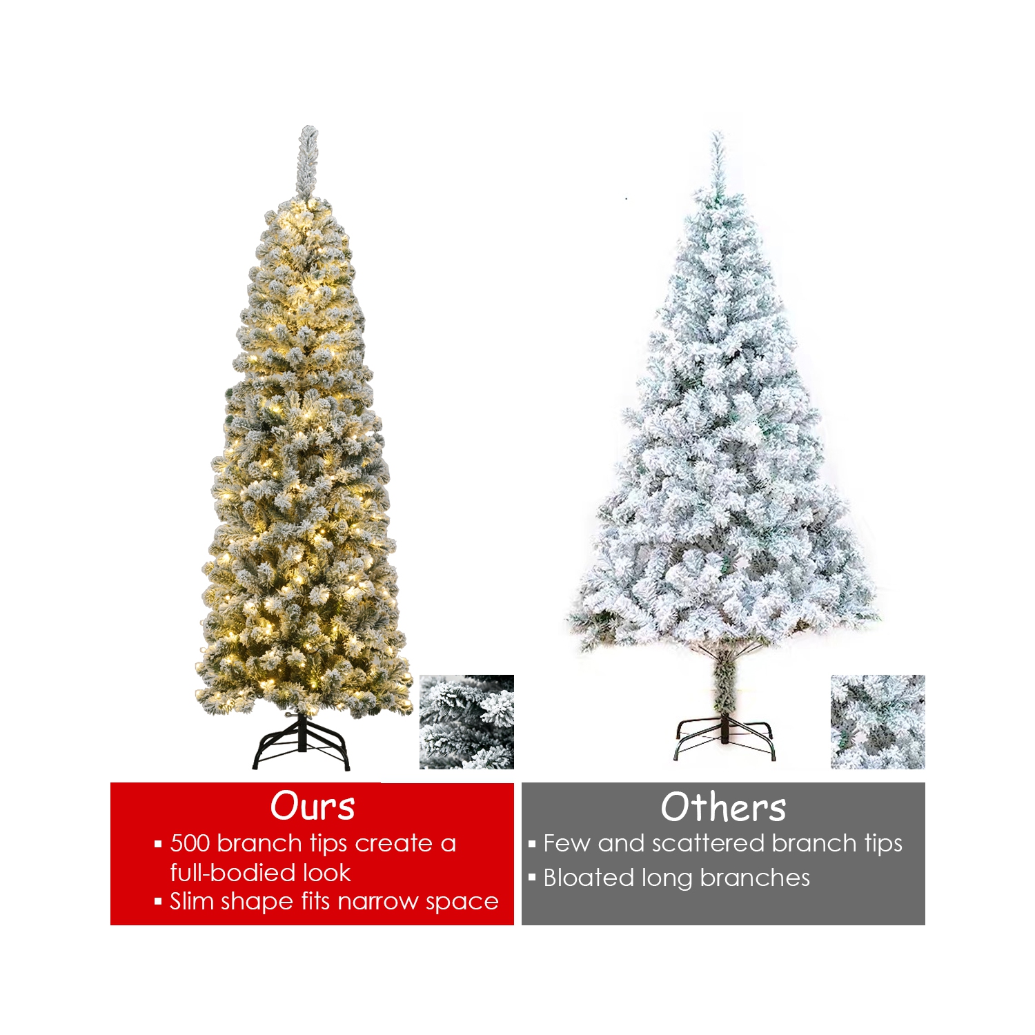 TopBuy – crayon floqué à neige 4,5 pi/6 pi/7,5 pi, arbre de Noël illuminé, avec support flexible, lumières à DEL en feuilles épaisses