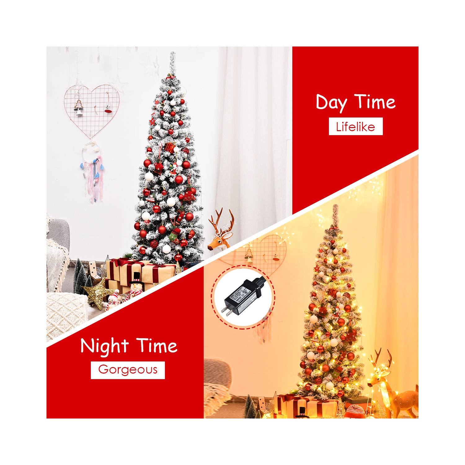 TopBuy – crayon floqué à neige 4,5 pi/6 pi/7,5 pi, arbre de Noël illuminé, avec support flexible, lumières à DEL en feuilles épaisses