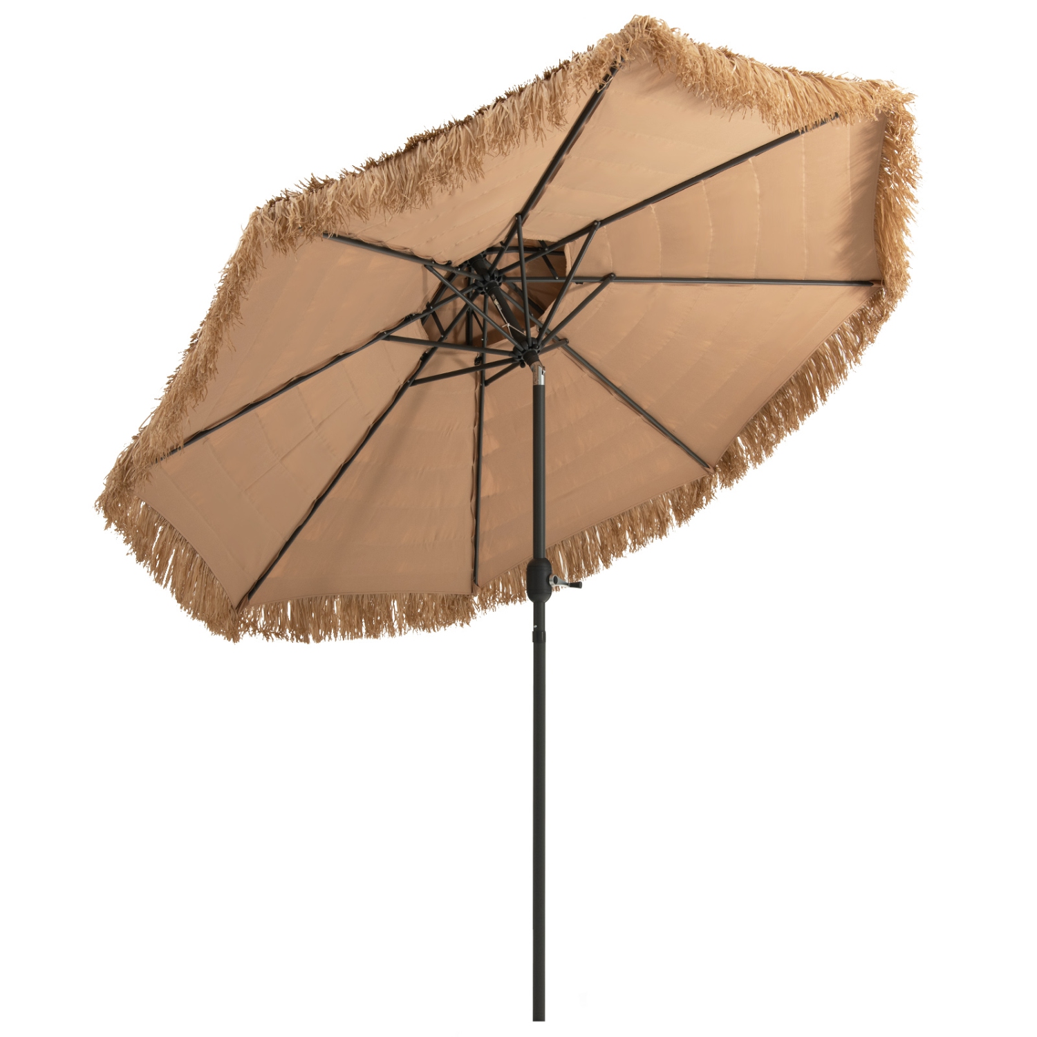 Topbuy 9 ft Outdoor Tiki Umbrella Double-Roof Hawaii Style Umbrella W/ Tilt Mechanism & Hand Crank 9-Tier Endothermic Straw 8 Sturdy Steel Ribs