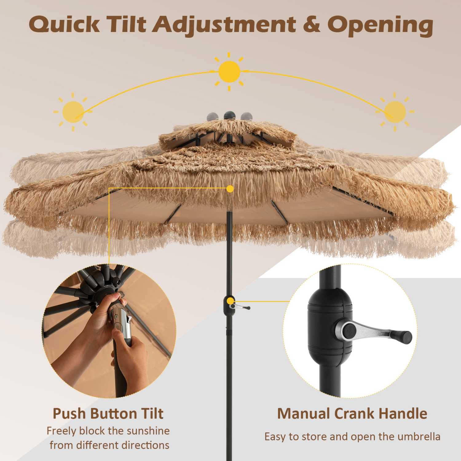 Topbuy 9 ft Outdoor Tiki Umbrella Double-Roof Hawaii Style Umbrella W/ Tilt Mechanism & Hand Crank 9-Tier Endothermic Straw 8 Sturdy Steel Ribs