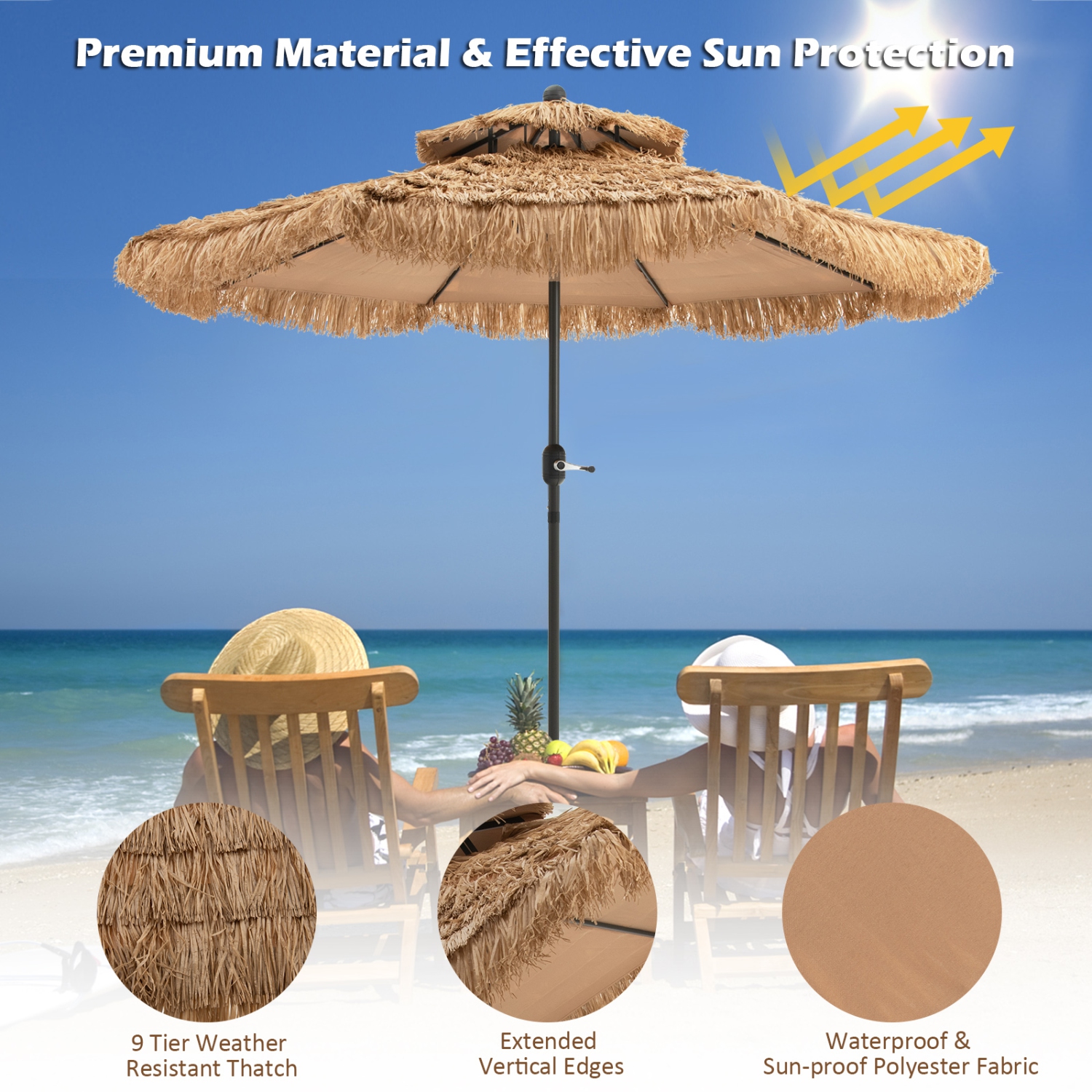 Topbuy 9 ft Outdoor Tiki Umbrella Double-Roof Hawaii Style Umbrella W/ Tilt Mechanism & Hand Crank 9-Tier Endothermic Straw 8 Sturdy Steel Ribs