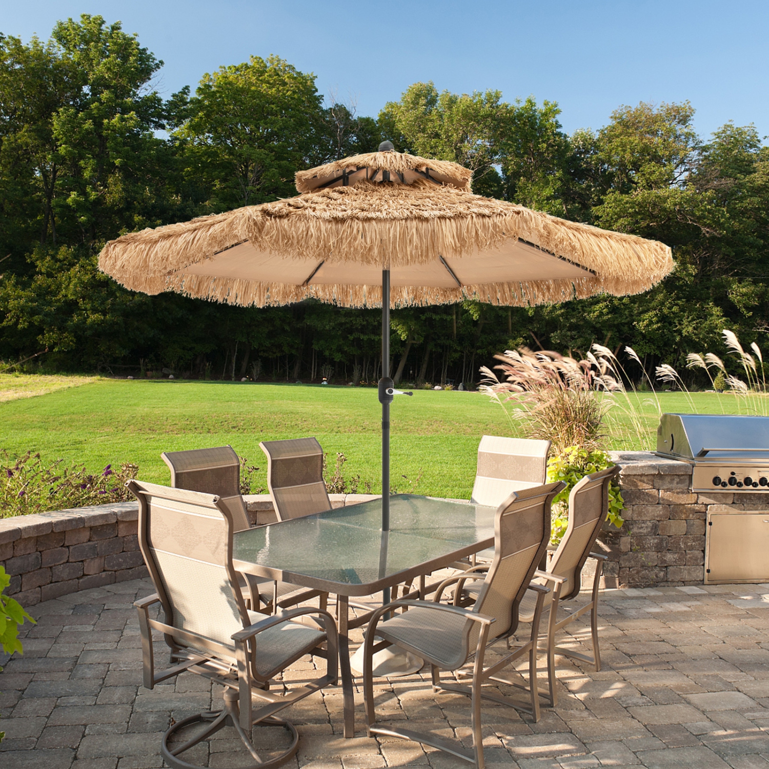 Topbuy 9 ft Outdoor Tiki Umbrella Double-Roof Hawaii Style Umbrella W/ Tilt Mechanism & Hand Crank 9-Tier Endothermic Straw 8 Sturdy Steel Ribs