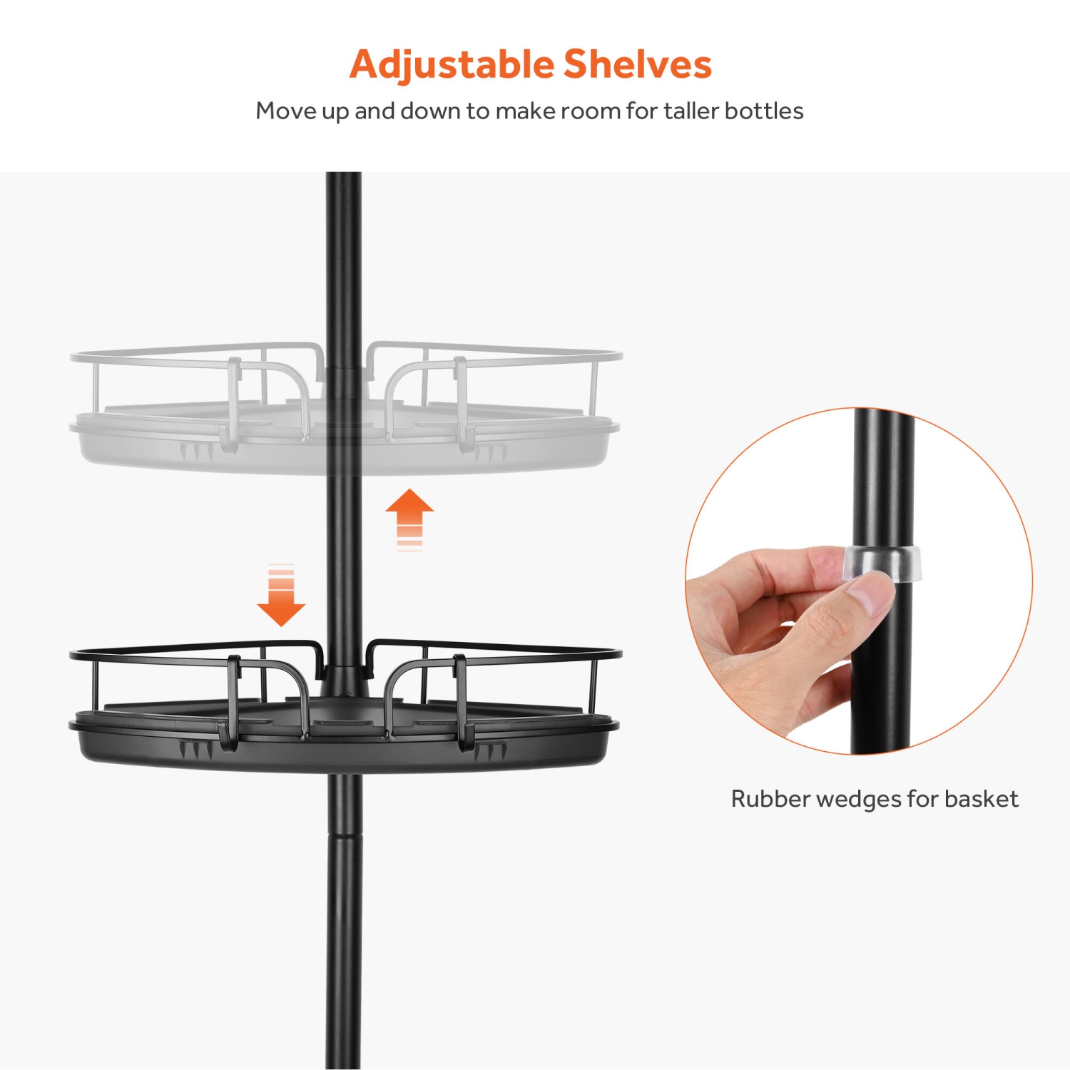 96.85 to 104.72in Adjustable Height Bathroom Shower Caddy Shelf, Tension Corner Pole Rod Rack with 4 Baskets for Shampoo Soap