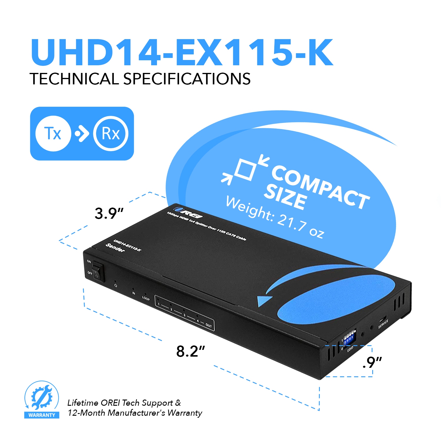 4K Ultra HD 1x4 HDMI Extender Splitter Over CAT6/7 Up to 115 Ft -EDID-Low Latency
