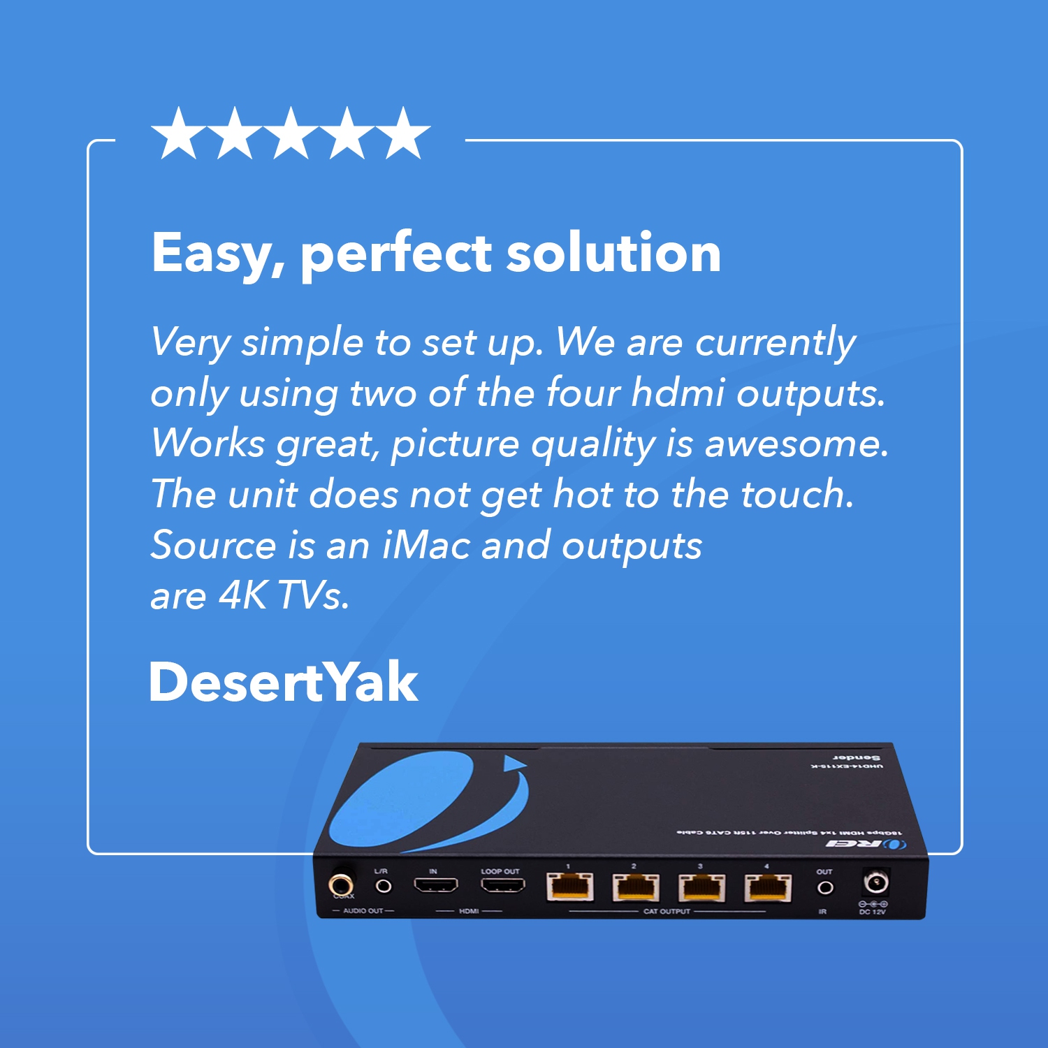 4K Ultra HD 1x4 HDMI Extender Splitter Over CAT6/7 Up to 115 Ft -EDID-Low Latency