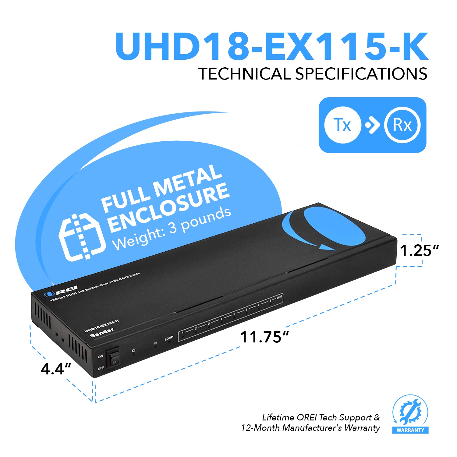 Ultra HD 1x8 HDMI Extender Splitter Over CAT6/7 Upto 115 Ft support 4K, Loop-out, IR Remote, EDID