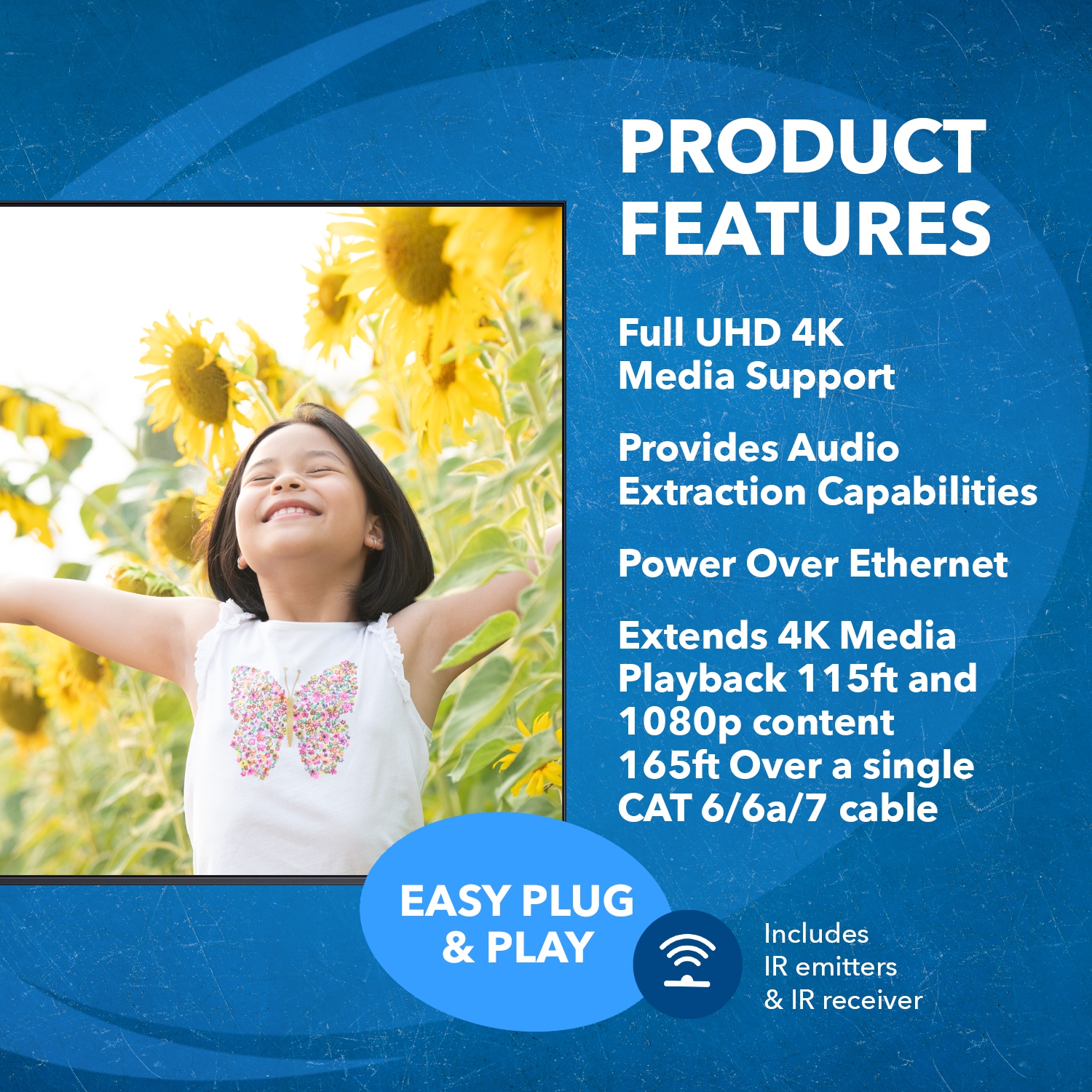 Ultra HD 1x8 HDMI Extender Splitter Over CAT6/7 Upto 115 Ft support 4K, Loop-out, IR Remote, EDID