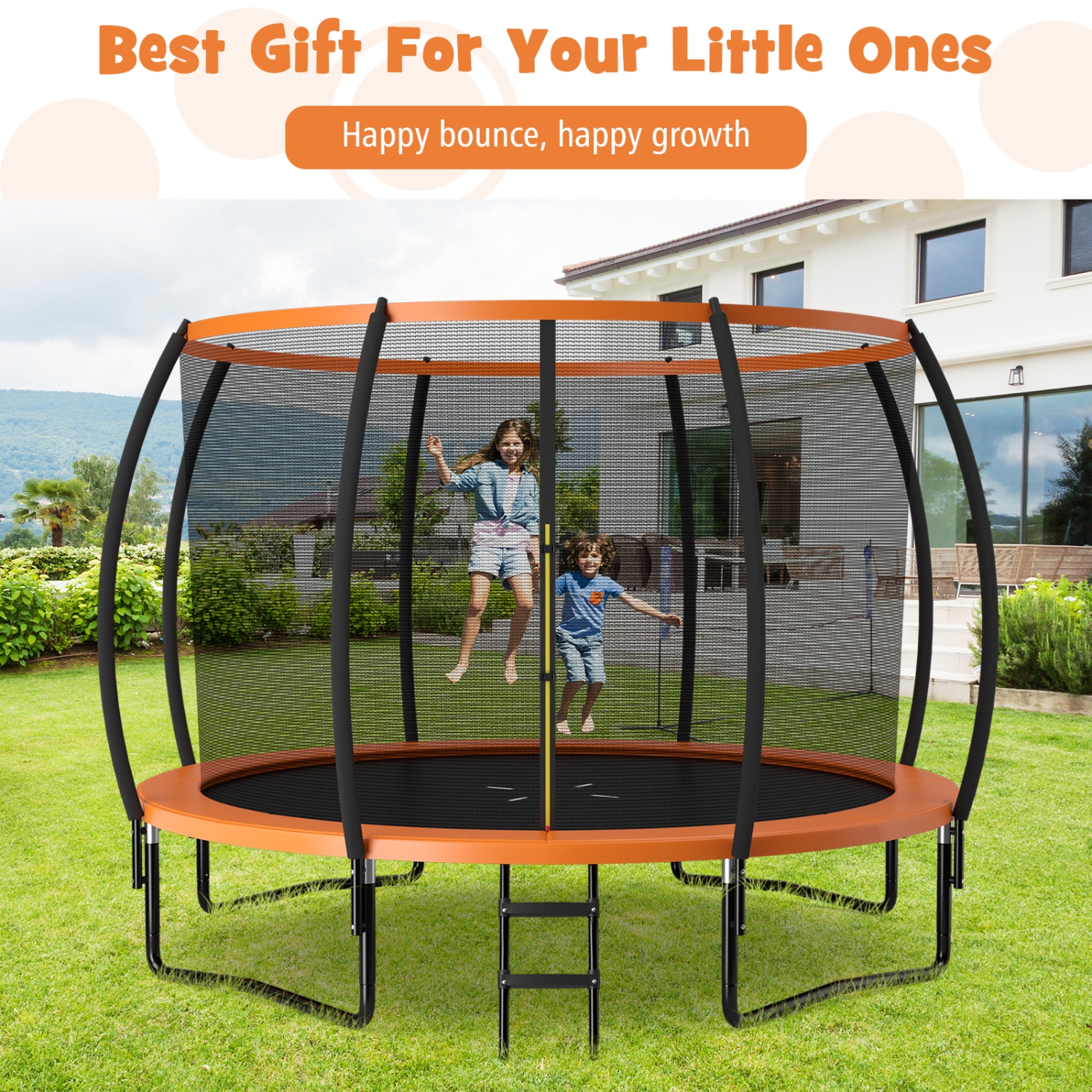 Trampoline récréative approuvée 12FT de Topbuy avec tapis de sécurité à échelle et cadre en acier galvanisé antirouille noir/bleu/orange
