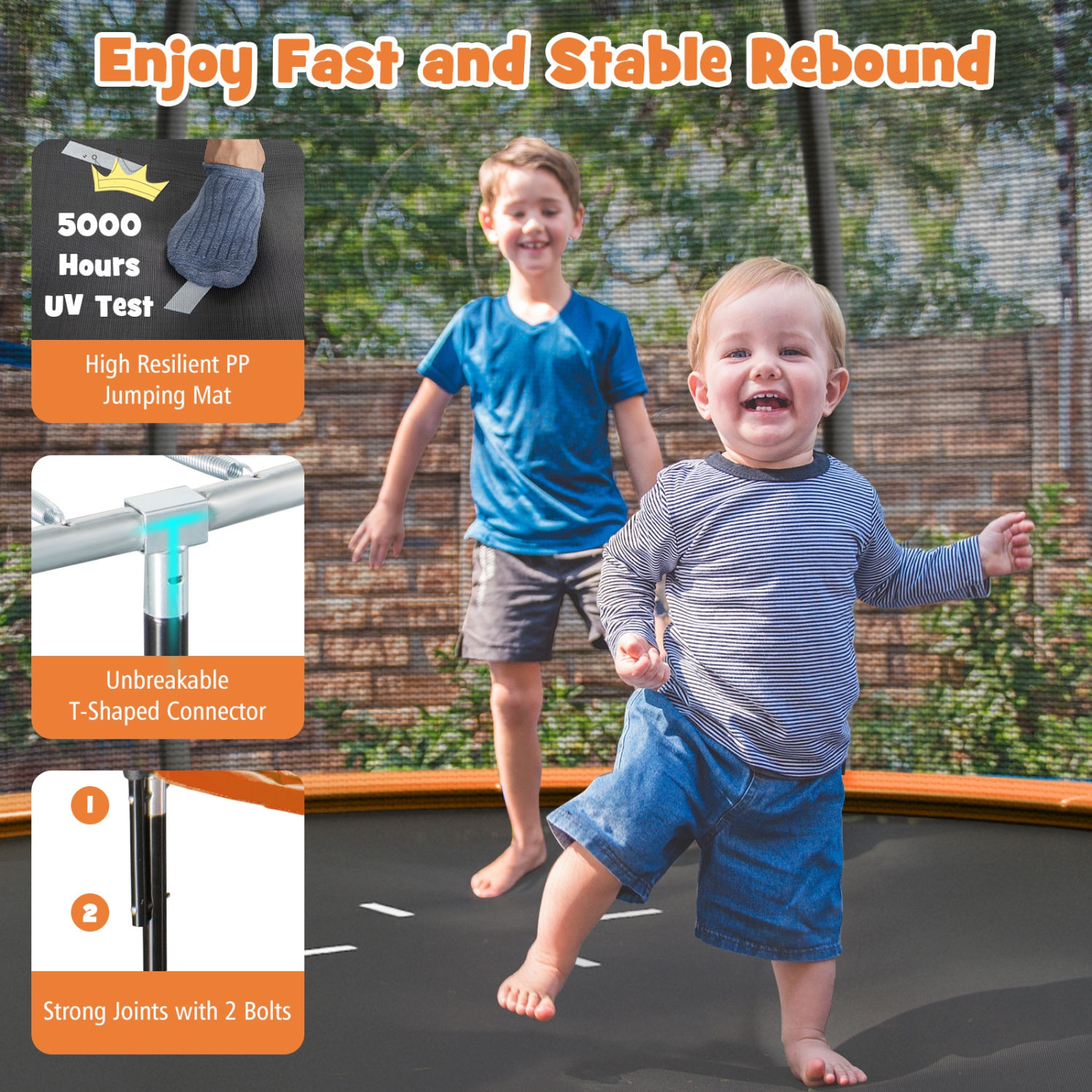 Trampoline récréative approuvée 12FT de Topbuy avec tapis de sécurité à échelle et cadre en acier galvanisé antirouille noir/bleu/orange