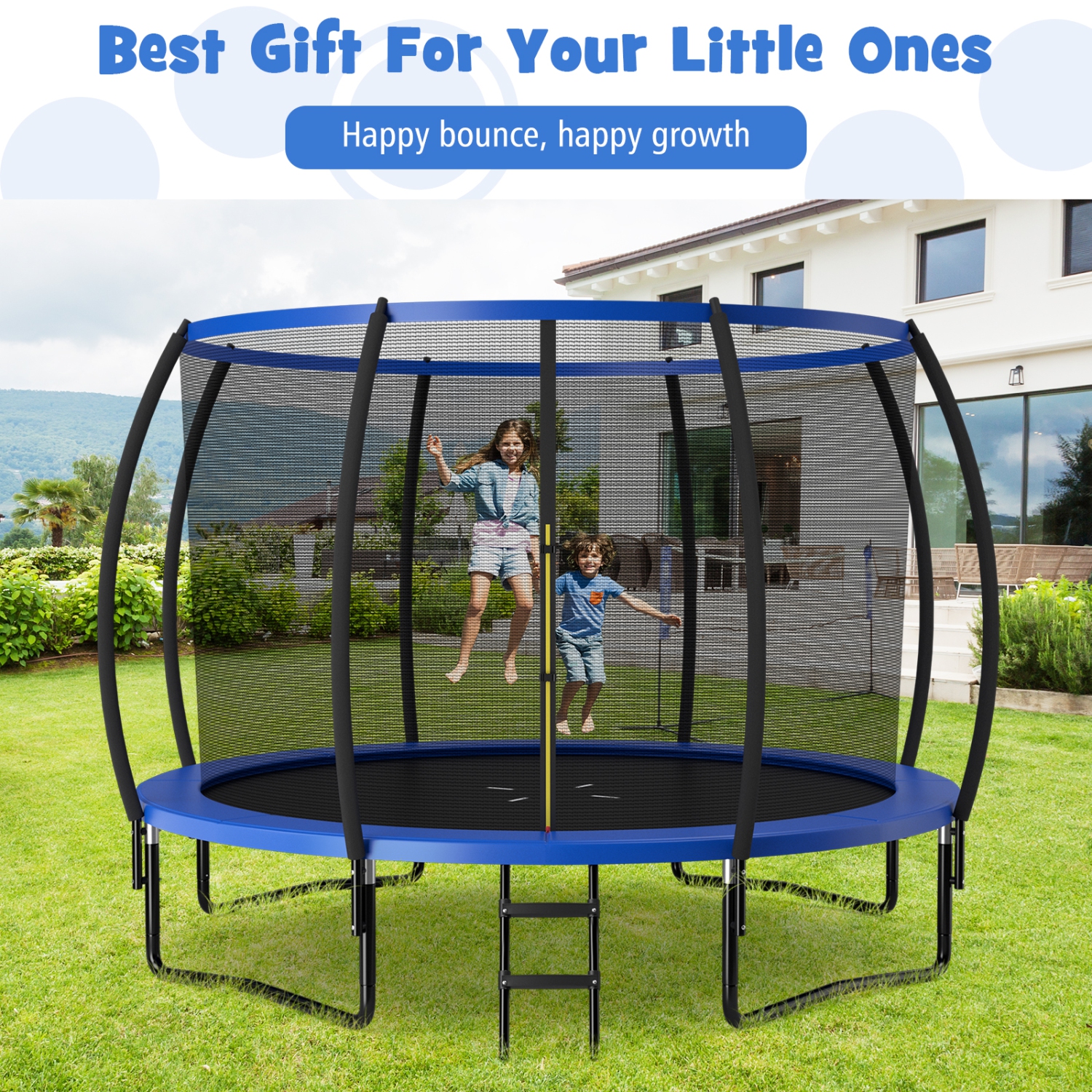 Topbuy Trampoline 12FT Approved Recreational Trampoline with Ladder Enclosure Safety Pad and Anti-Rust Galvanized Steel Frame Black/Blue/Orange