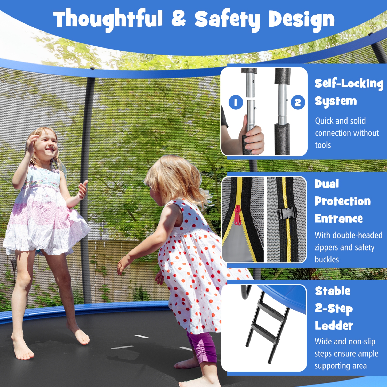 Topbuy Trampoline 12FT Approved Recreational Trampoline with Ladder Enclosure Safety Pad and Anti-Rust Galvanized Steel Frame Black/Blue/Orange