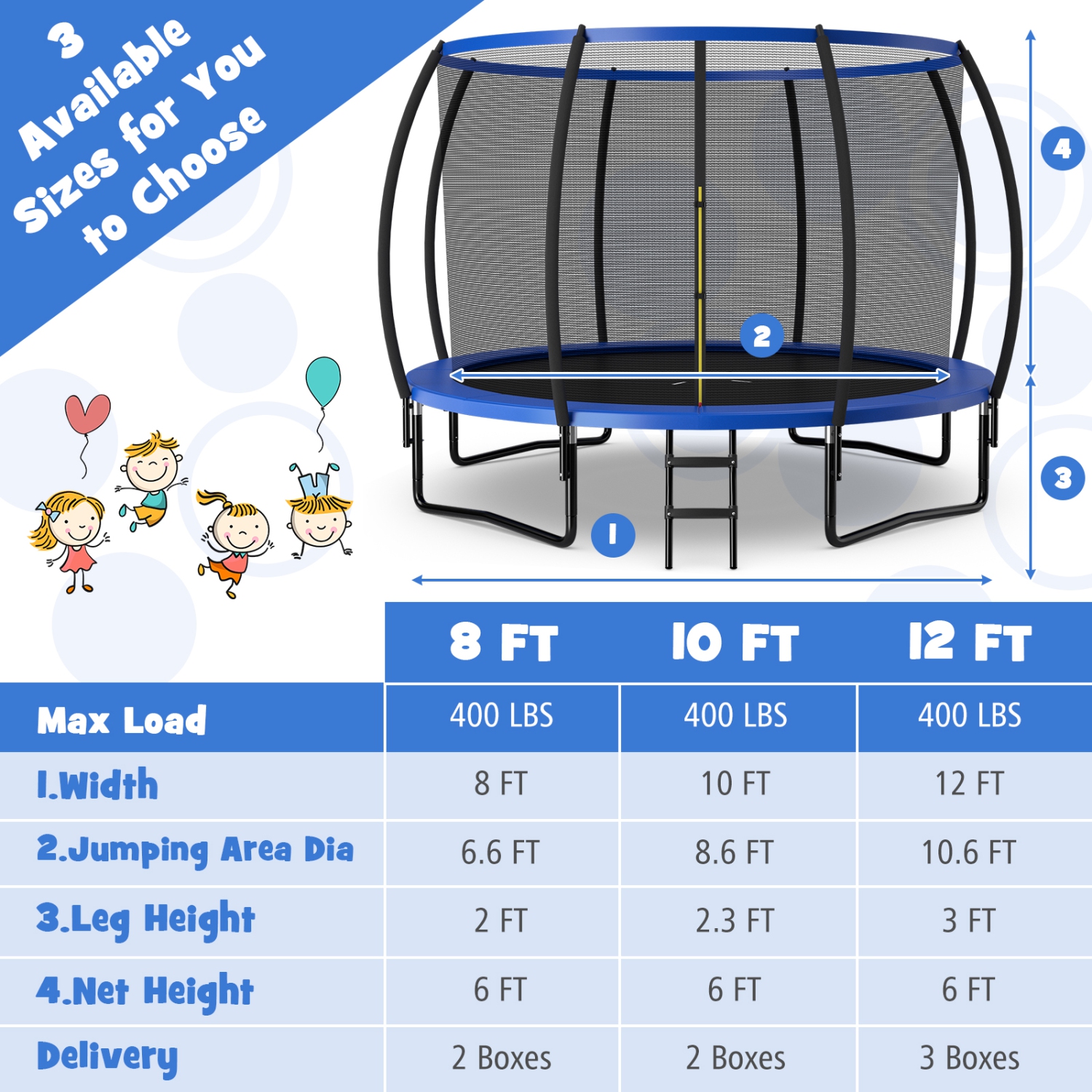 Topbuy Trampoline 12FT Approved Recreational Trampoline with Ladder Enclosure Safety Pad and Anti-Rust Galvanized Steel Frame Black/Blue/Orange