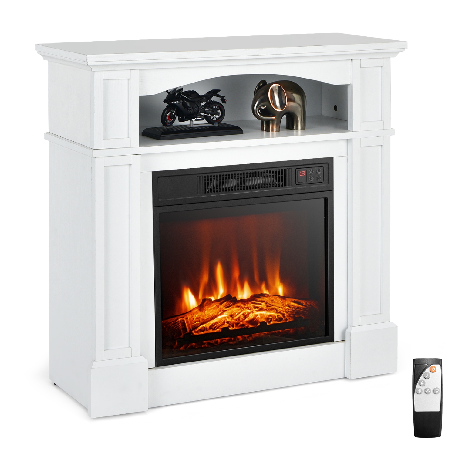 Topbuy 32" Electric Fireplace with Mantel 1400W Freestanding Heater with Remote Control & Adjustable Brightness White/Brown