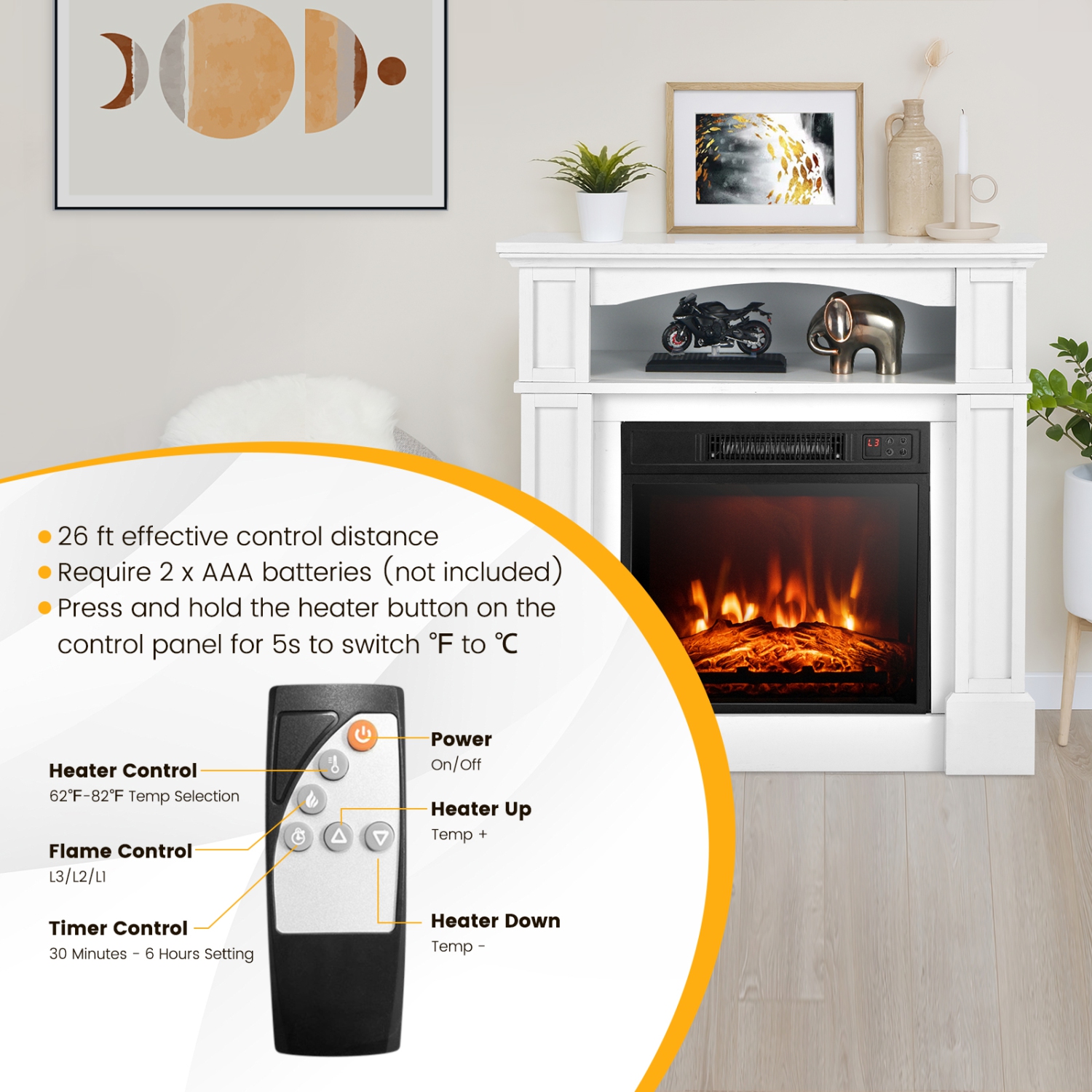 Topbuy 32" Electric Fireplace with Mantel 1400W Freestanding Heater with Remote Control & Adjustable Brightness White/Brown
