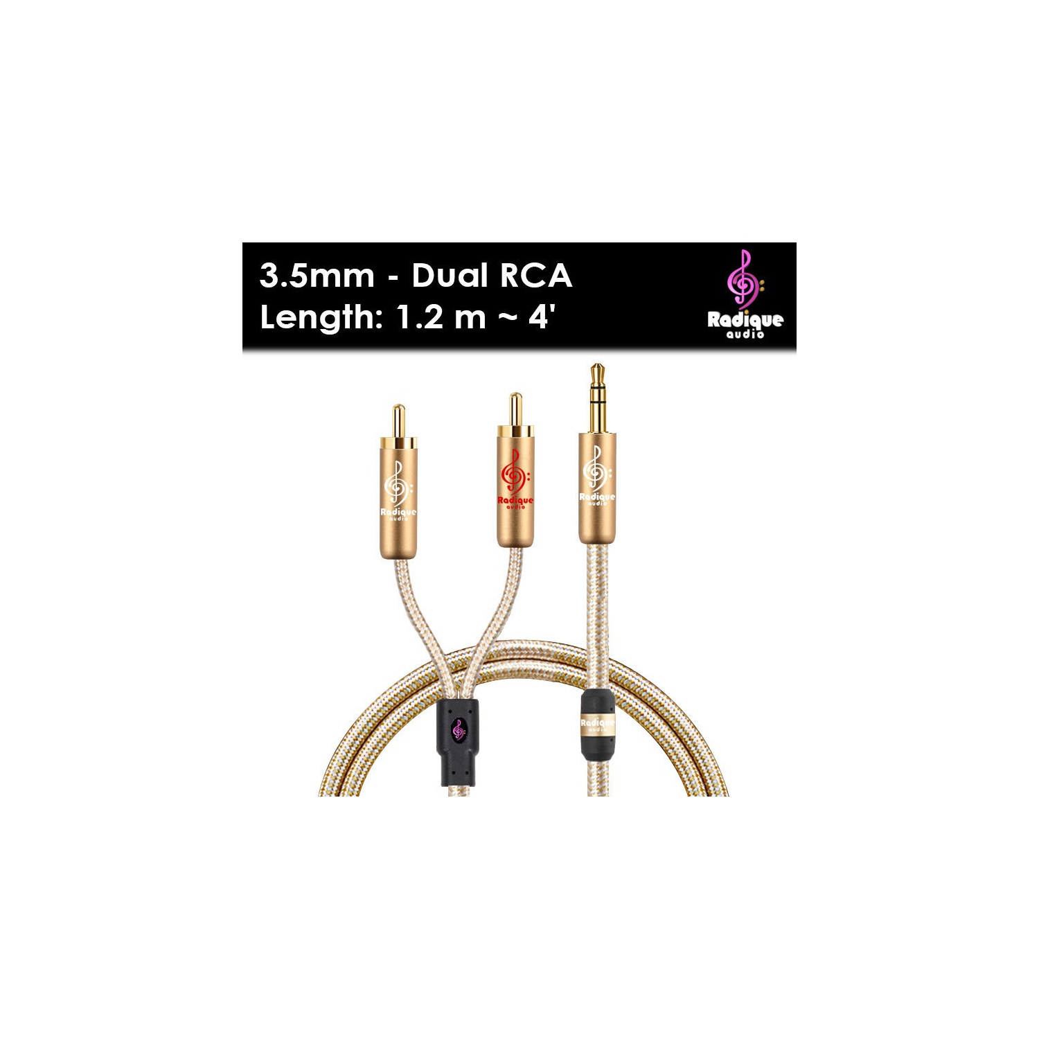 Câble 3,5&nbsp;mm à double RCA - Radique Audio série Gold, RCA facile à ajuster, 1,2 m, audiophile, blindé