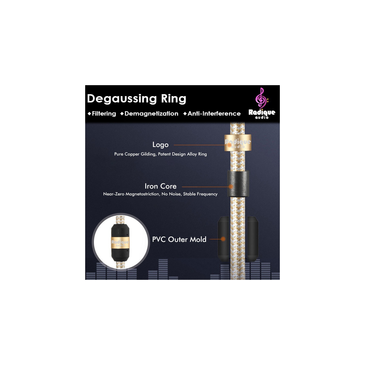 Câble 3,5&nbsp;mm à double RCA - Radique Audio série Gold, RCA facile à ajuster, 1,2 m, audiophile, blindé