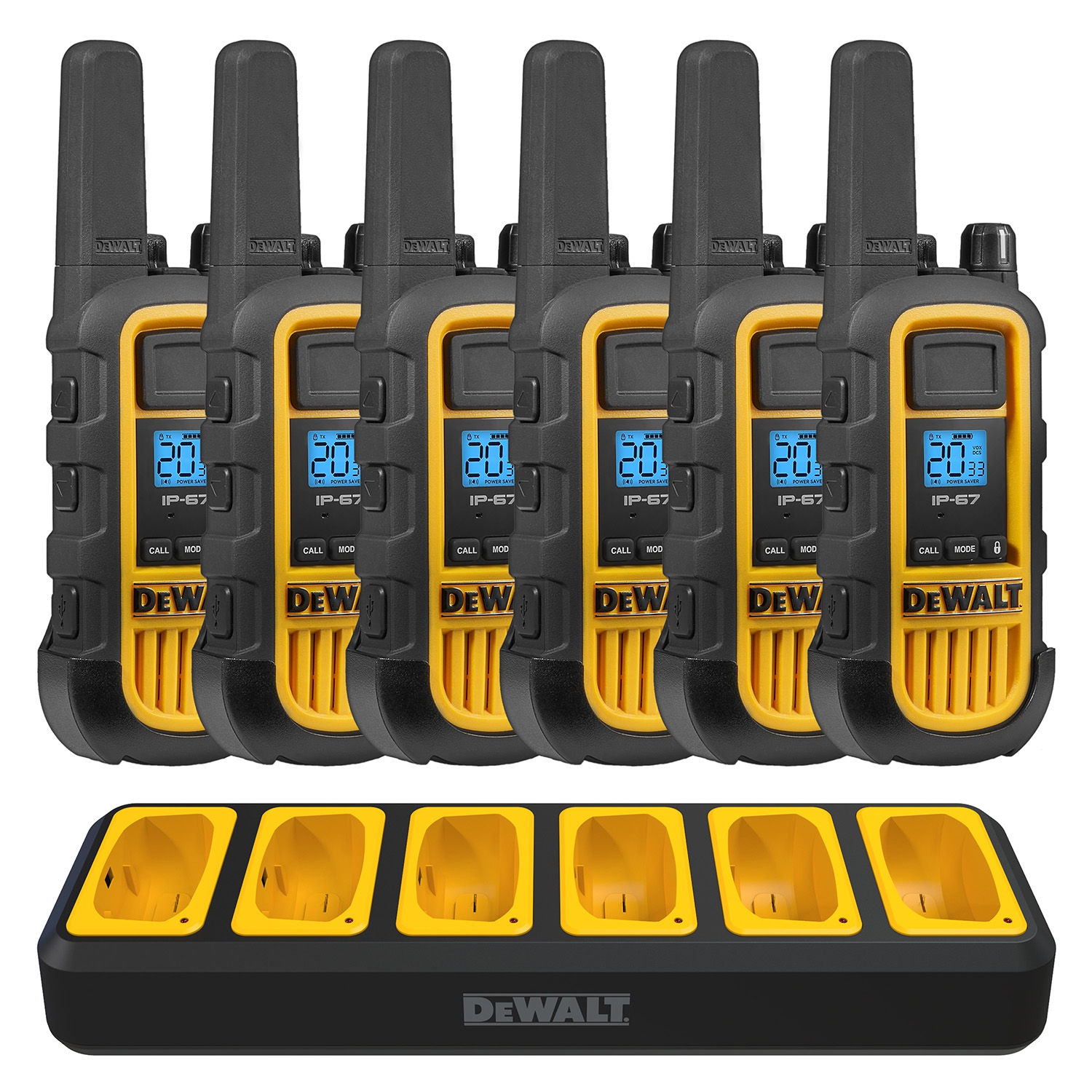 6 Dewalt DXFRS800 Walkie Talkies - 2 Watt, Heavy Duty, Waterproof, 22 Channels, Long Range & Rechargeable Two-Way Radio Set with VOX, 6 Pack of Radios + Charger