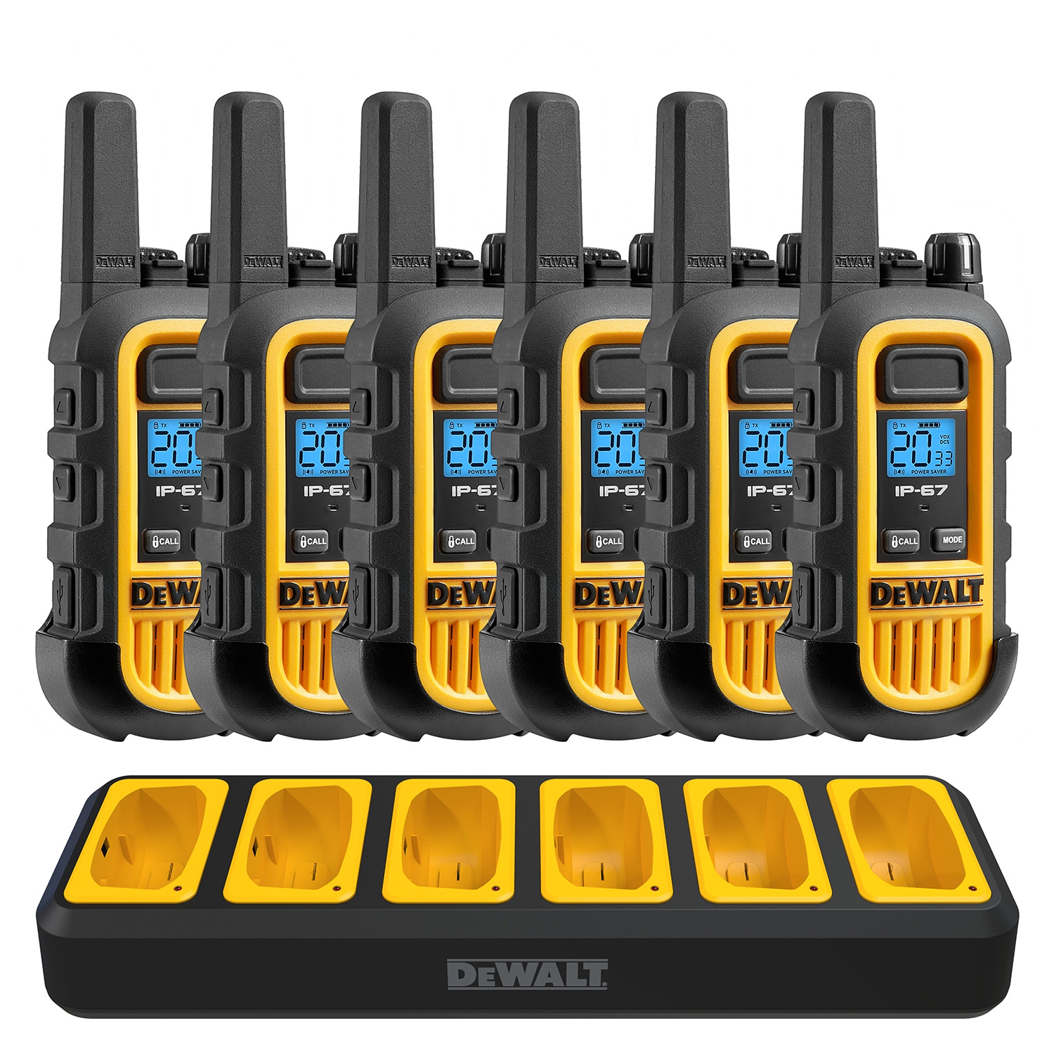 6 Dewalt DXFRS300 Walkie Talkies - 1 Watt, Heavy Duty, Waterproof, 22 Channels, Long Range & Rechargeable Two-Way Radio Set with VOX, 6 Pack of Radios + Charger