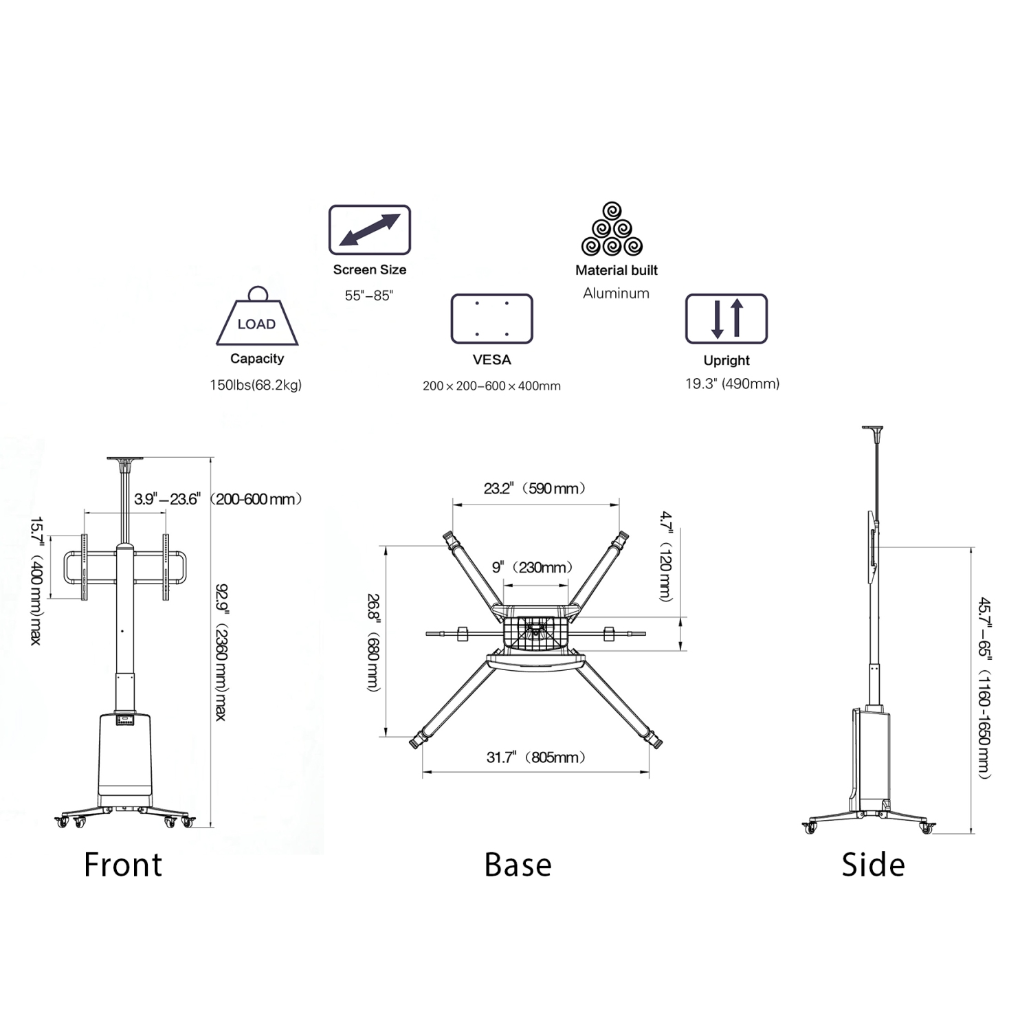 Boost NB TW85 Remote Control Professional Height Adjustable Motorized/Electric Mobile TV Cart for 55" to 85" TVs