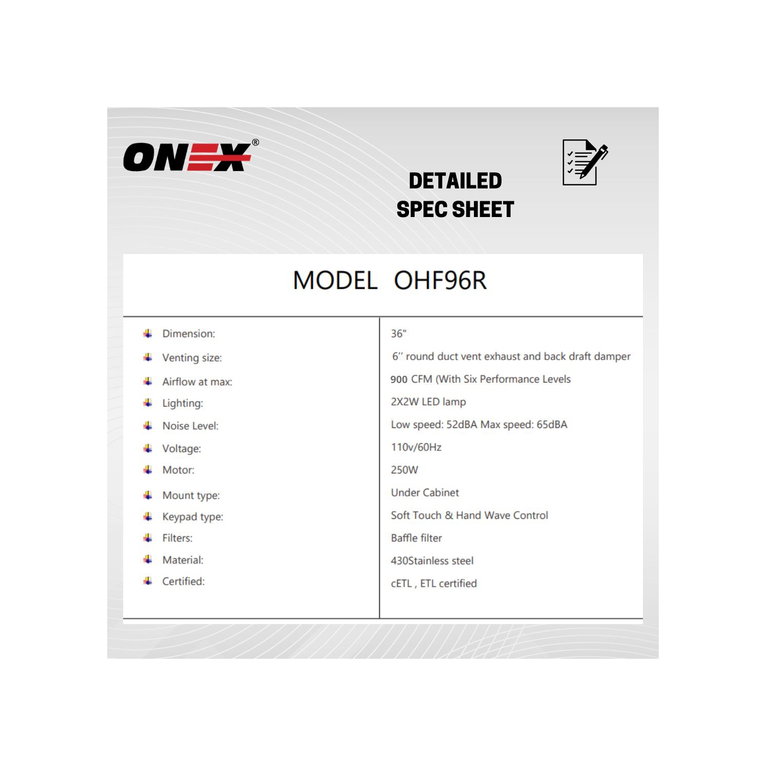 ONEX® OHF96R Stainless Steel Under Cabinet 36 inch Range Hood.