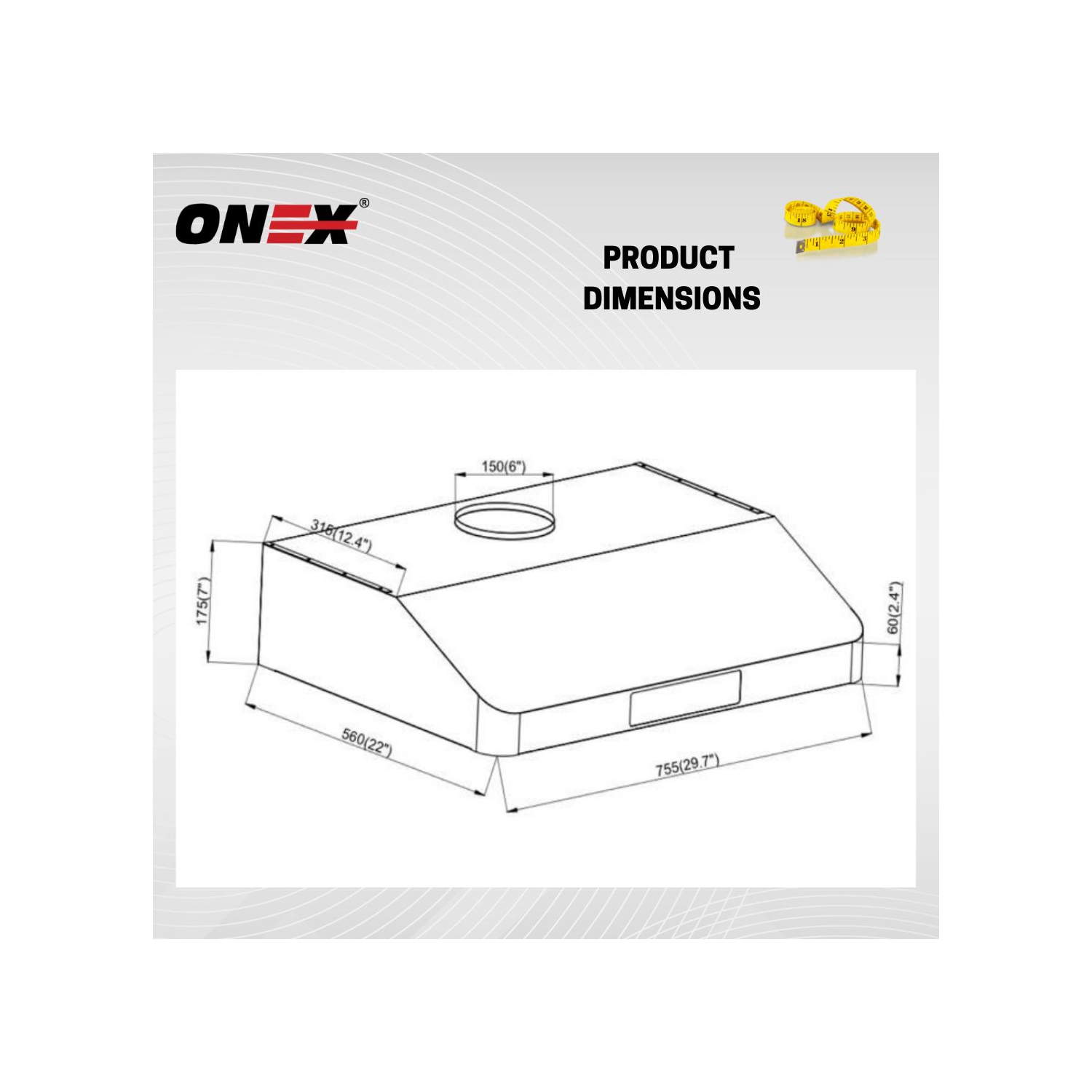 ONEX® OHF90R-BL Stainless Steel Under Cabinet 30 inch Range Hood.