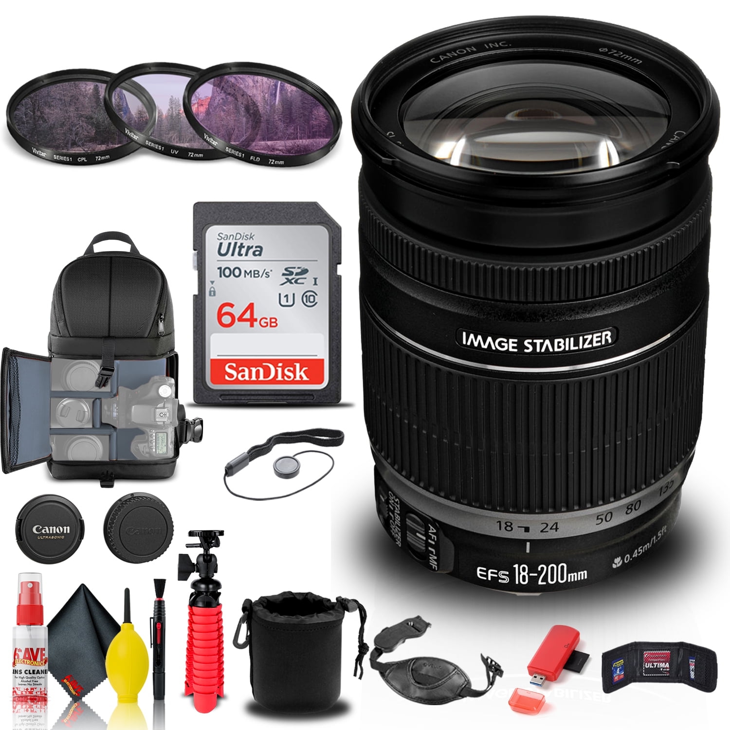 Canon EF-S 18-200mm f/3.5-5.6 IS Lens + Filter Kit + BackPack + More