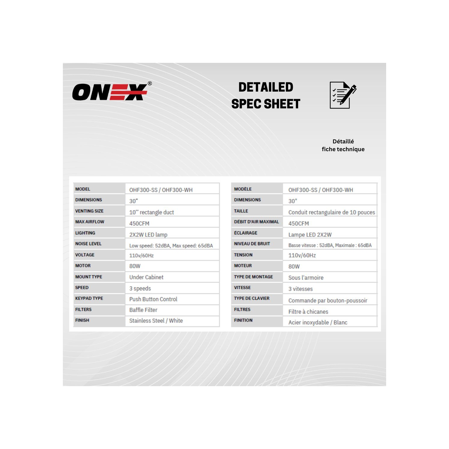 ONEX® 30" 450 CFM Hotte de cuisine sous armoire avec conduit en blanc #OHF300WH