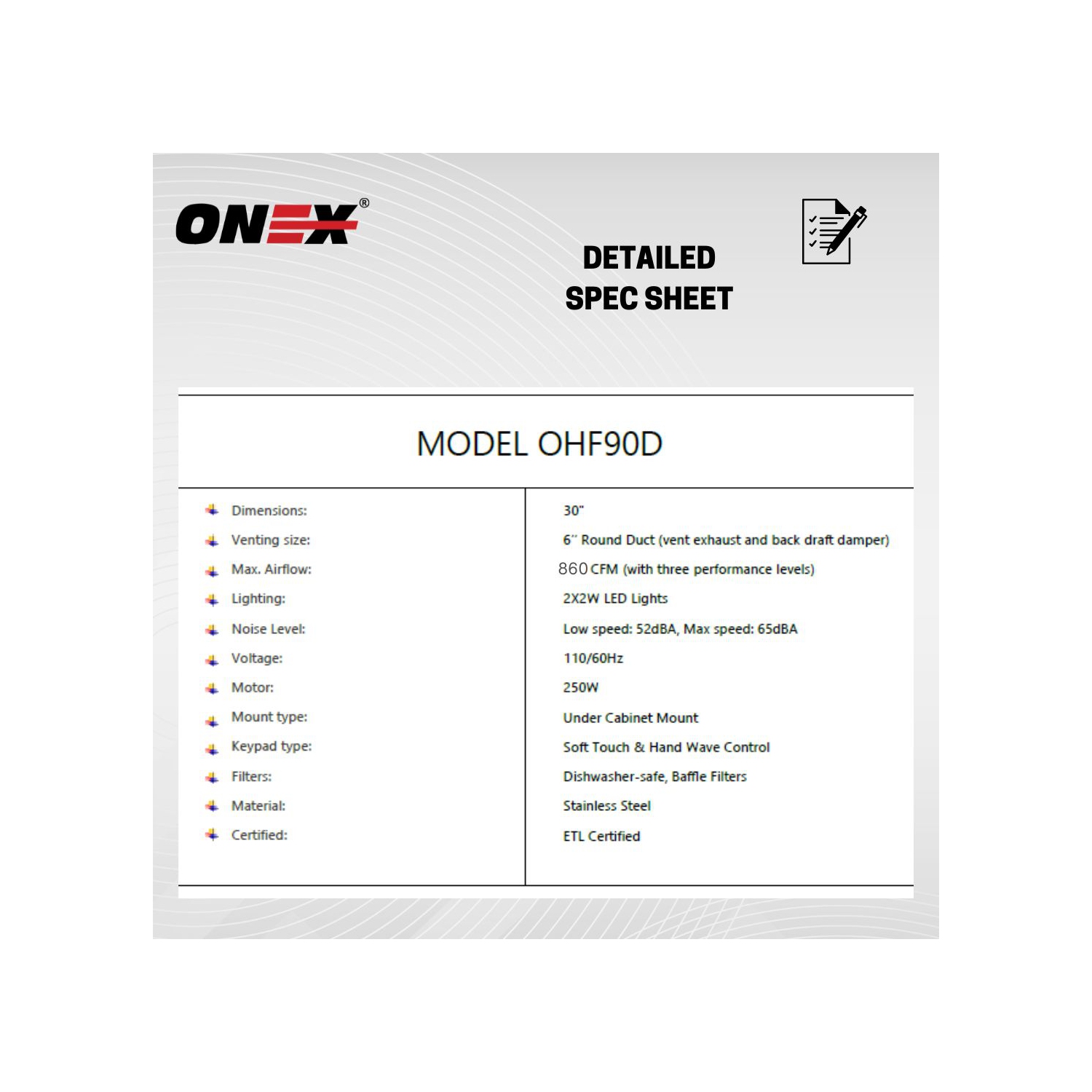 ONEX® OHF90D Stainless Steel Under Cabinet 30 inch Range Hood.