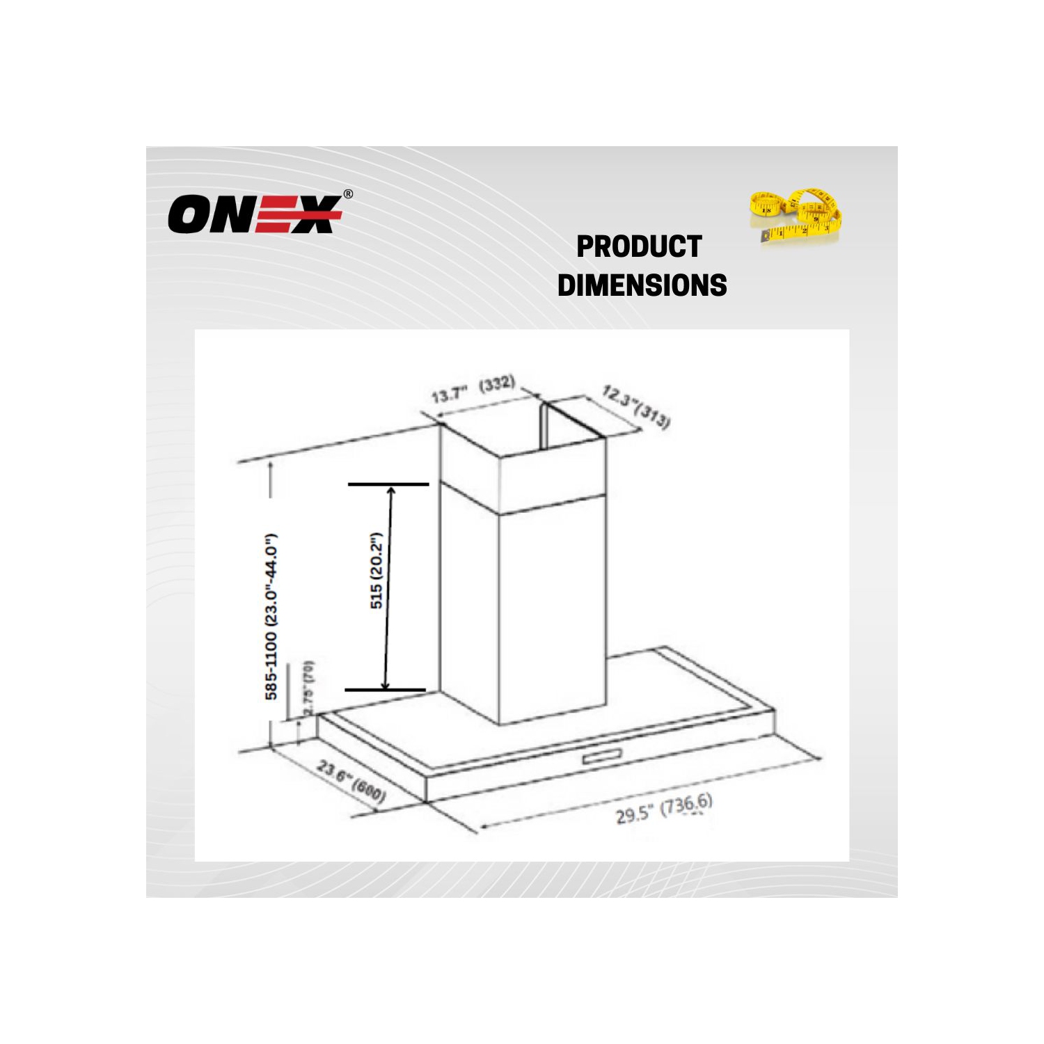 Hotte de cuisinière îlot ONEX® 30" 900 CFM en acier inoxydable #OIF130