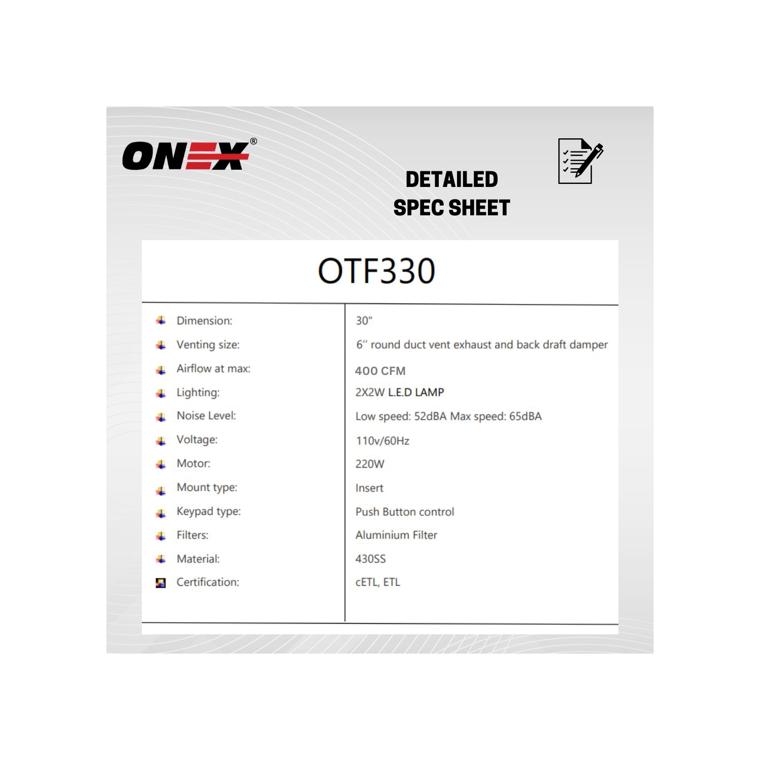 ONEX® OTF330 Stainless Steel Under Cabinet 30 inch Range Hood.