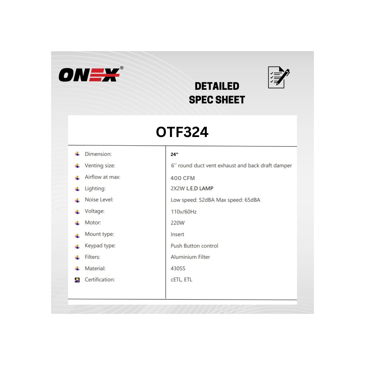 ONEX® OTF324 Stainless Steel Under Cabinet 24 inch Range Hood.