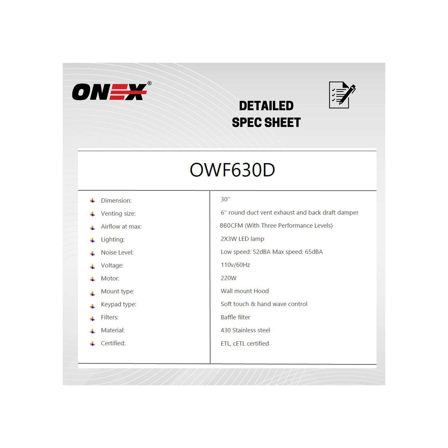 ONEX® 36" 860 PCM hotte murale en acier inoxydable #OWF636D