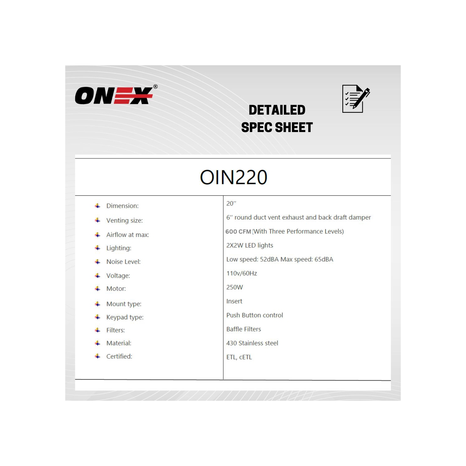 Hotte de cuisine encastrée en acier inoxydable ONEX® 20" 600 CFM #OIN220