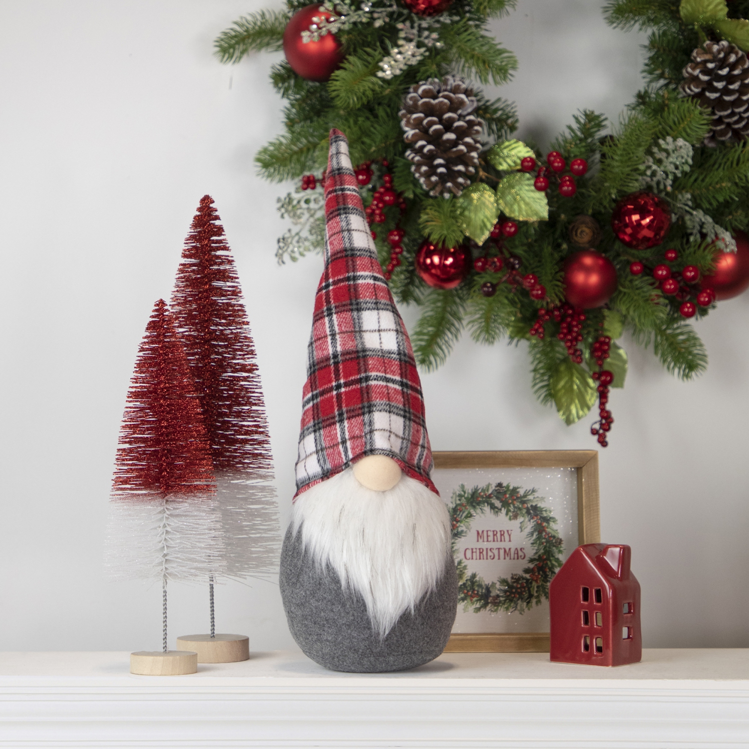Gnome with Pointy Plaid Hat Christmas Figure - 18.75" - Gray and Red